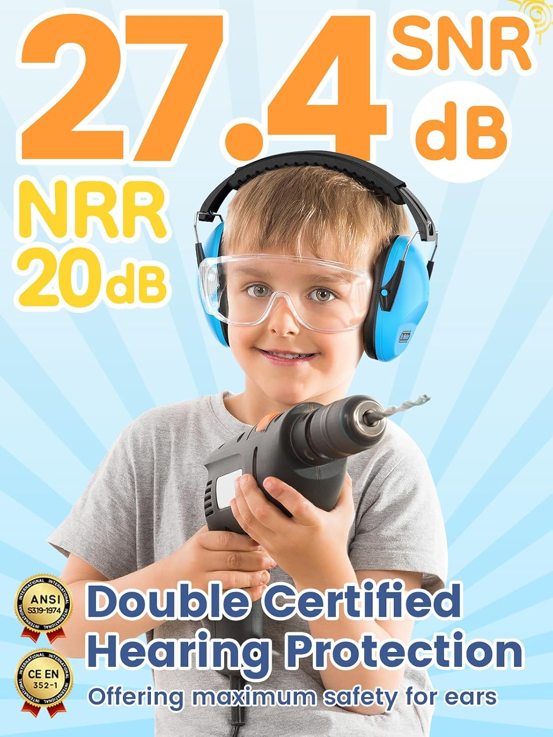 Detalle de Dr.meter Kids Ear Defenders (SNR 27.4dB) – Noise Cancelling Hearing Protection for Autism Sensory + Fireworks/Monster Trucks, Adjustable Headband