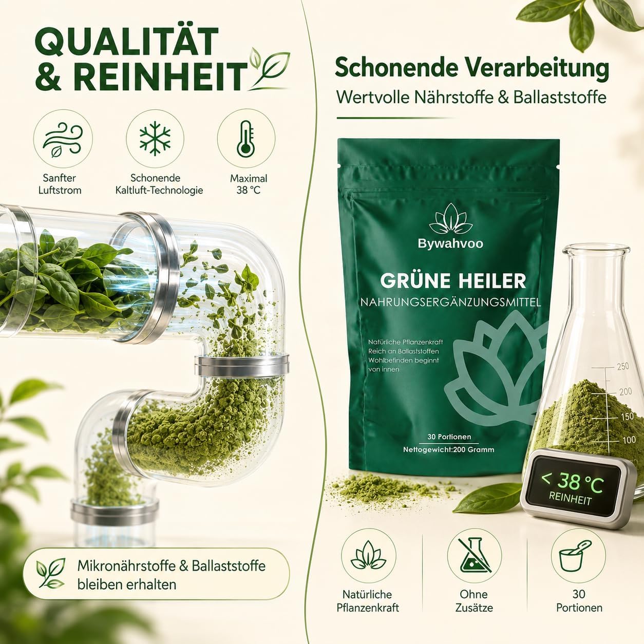 Detalle 2 de Grüne Entgiftungspulver 200g – Superfood Pulver mit Gerstengras, Spirulina & Heidelbeeren
