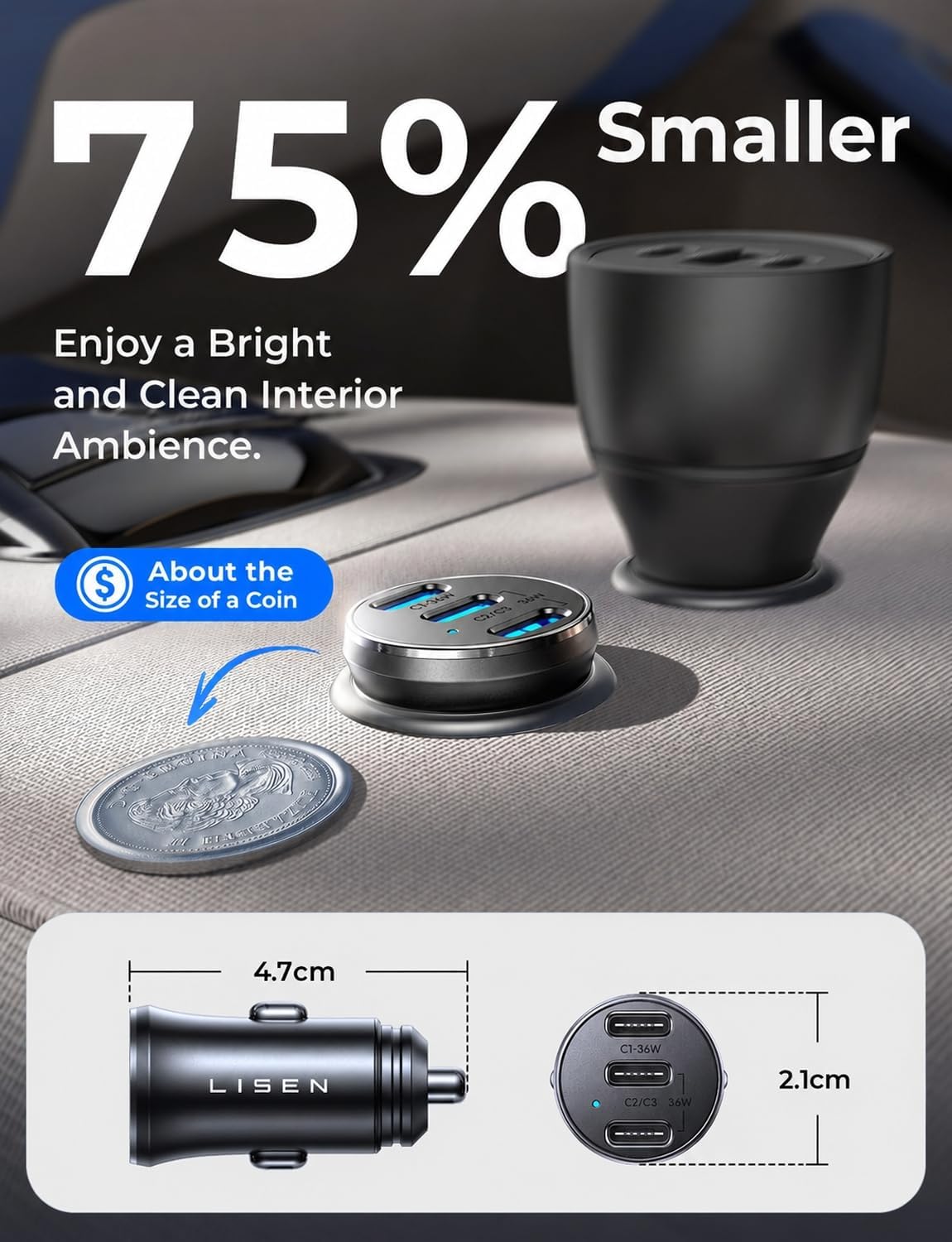 Detalle de LISEN Mini USB‑C Car Charger Fast Charge 72W | Three‑Port 12V Car USB Adapter with 60W USB‑C Cable