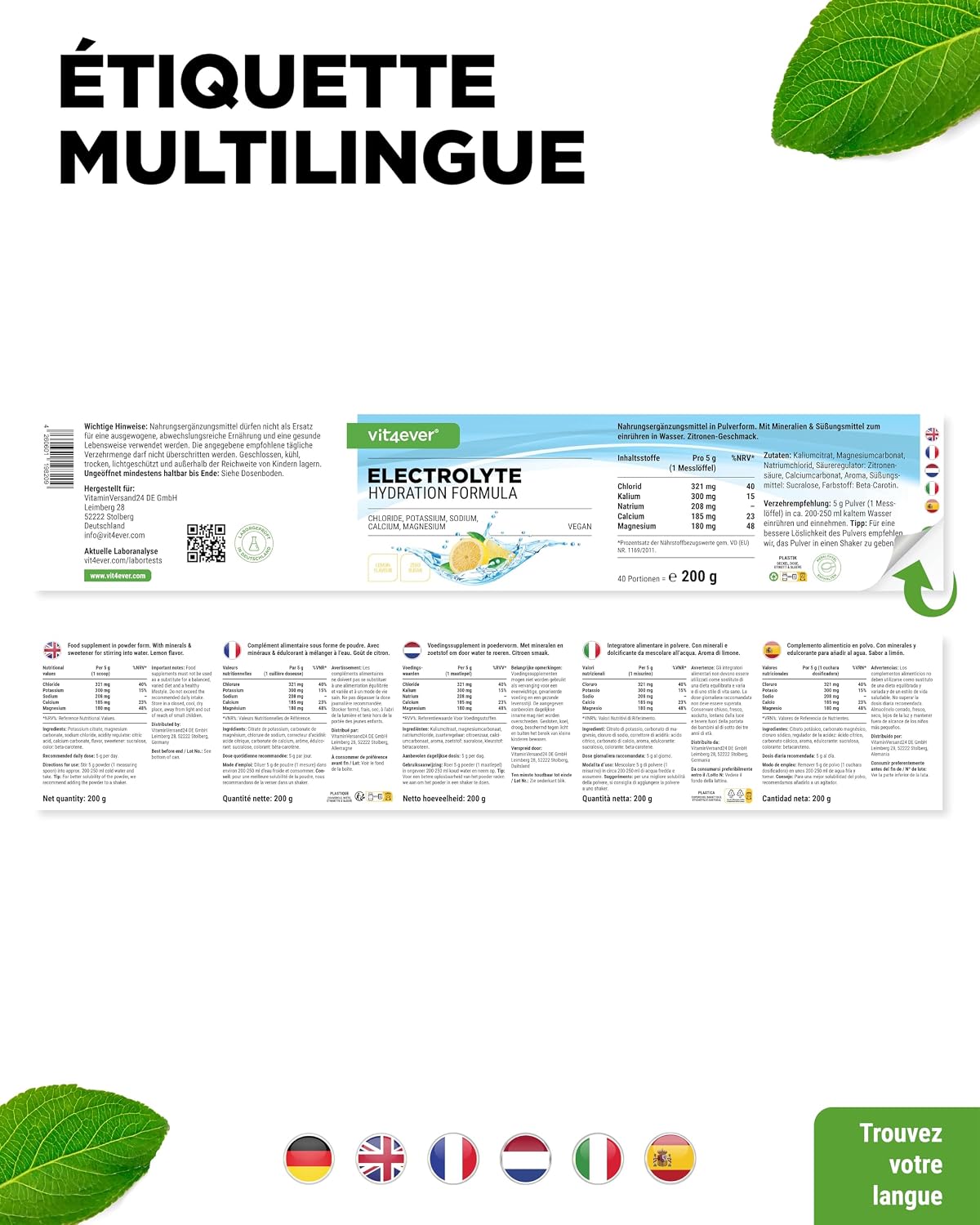 Thumbnail 6 de Electrolytes 200 g (40 portions) – Hydratation sans sucre au citron, chlorure/potassium/sodium/calcium/magnésium