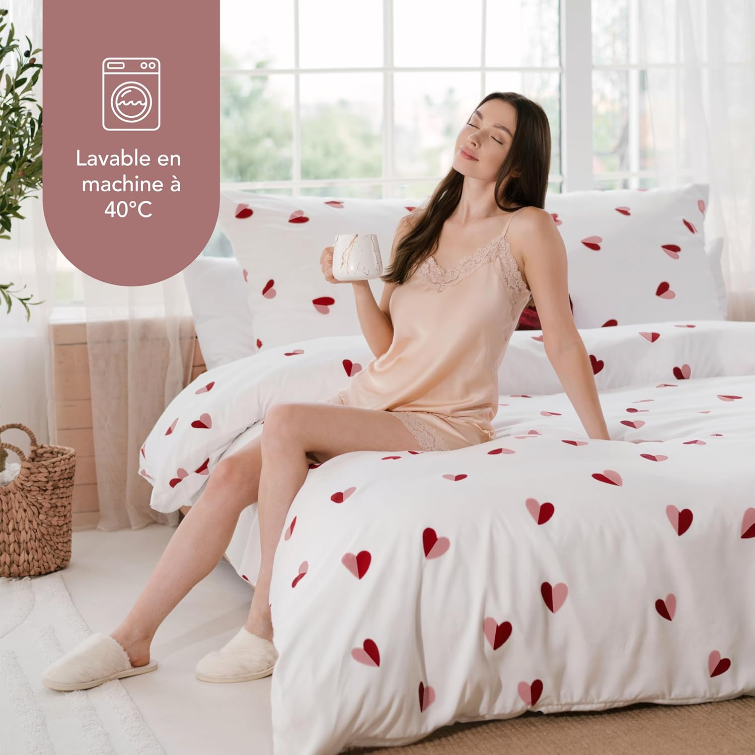Thumbnail 6 de Dreamzie Housse de Couette 200x200 cm avec 2 Taies d'oreiller 80x80 cm – motif Cœur Rouge/Rose, Oeko-Tex