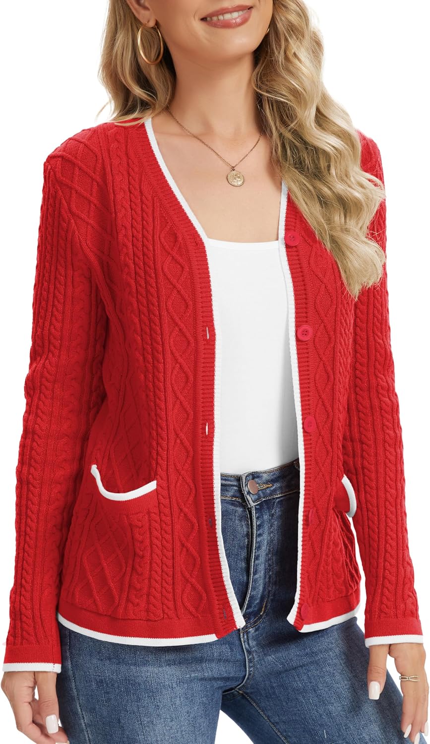 Detalle de QUEZHU Women's V-Neck Button Cardigan with Pockets