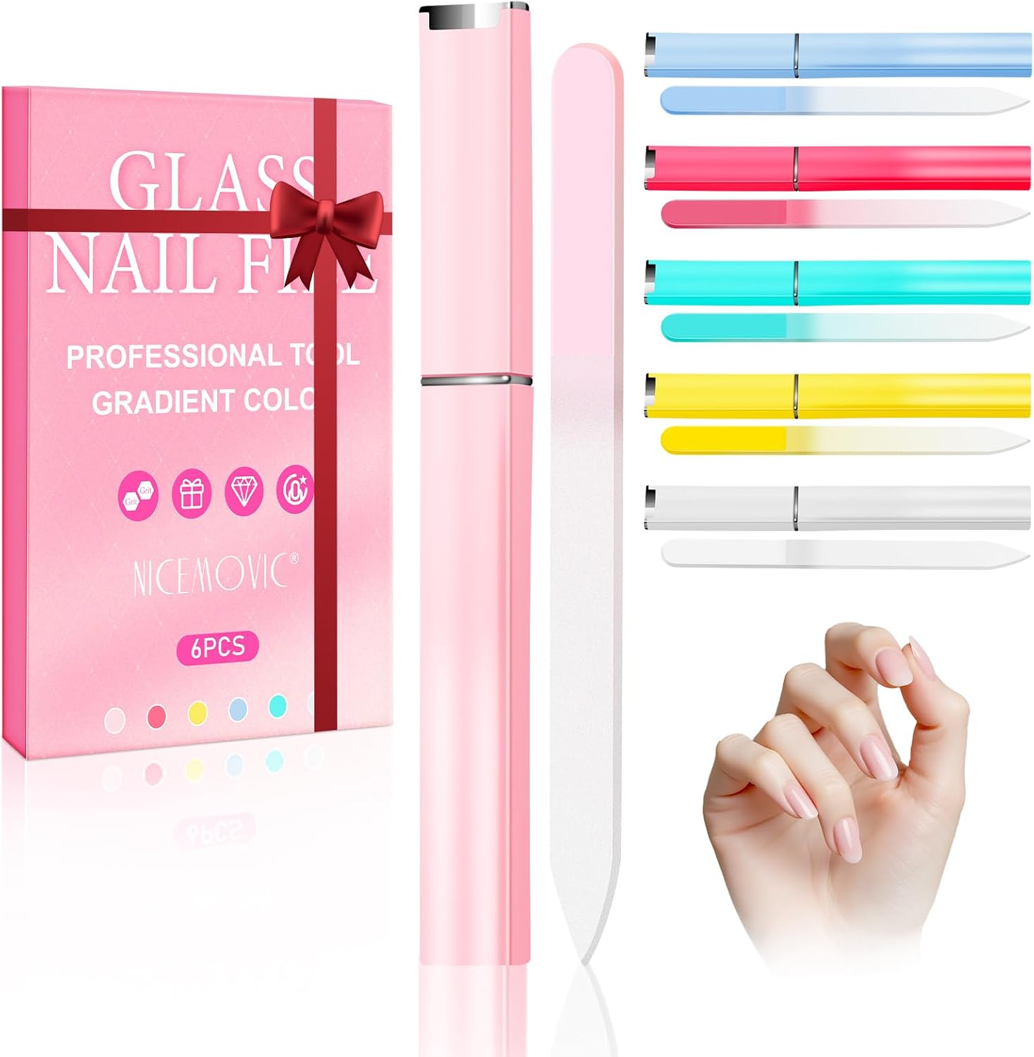 Detalle de NICEMOVIC BLZJC-6p 6-Pack Glass Nail Files, Double-Sided, Gradient Colors
