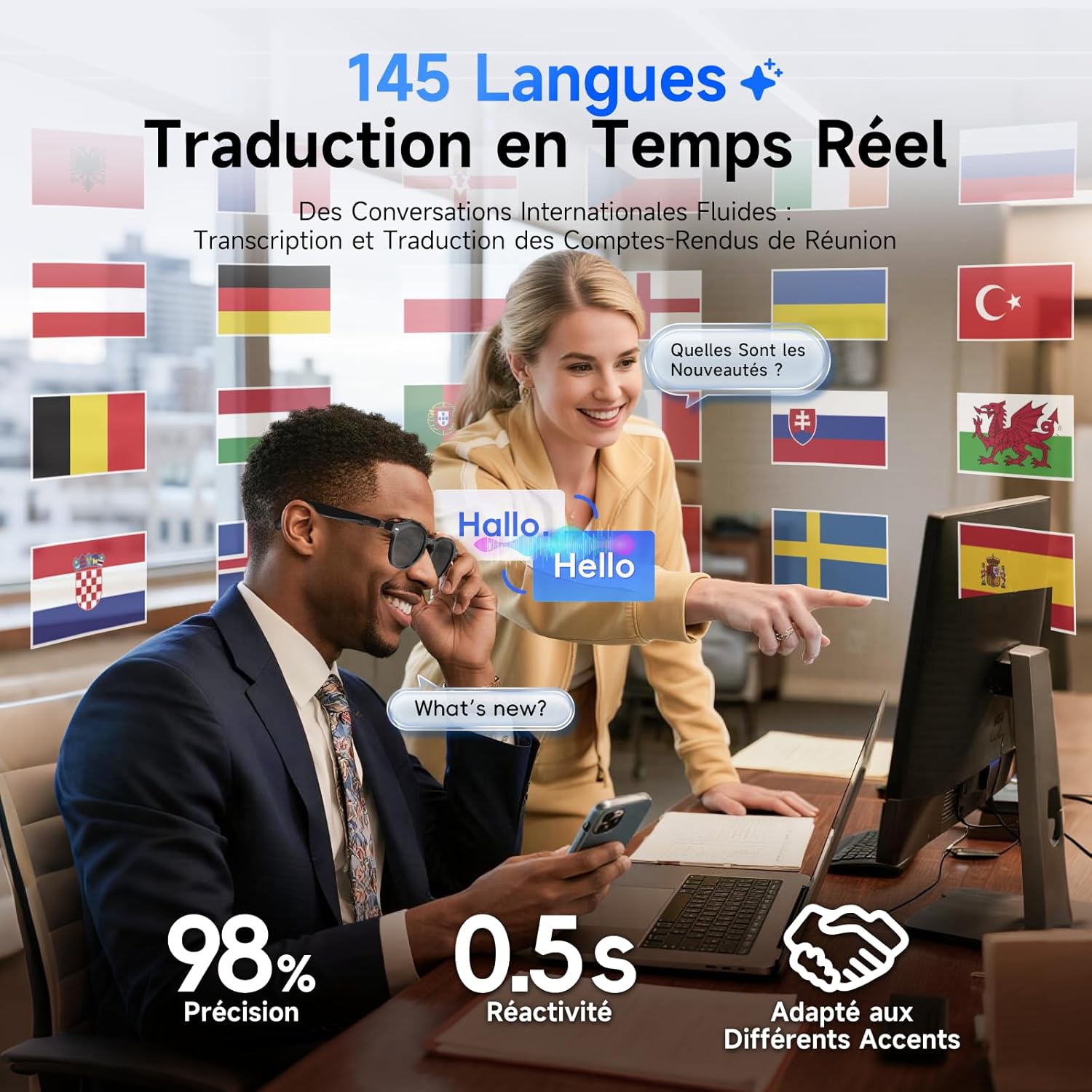Thumbnail 2 de GetD Lunettes AI Intelligentes: lunettes 3 en 1 avec audio Bluetooth et Assistant AI