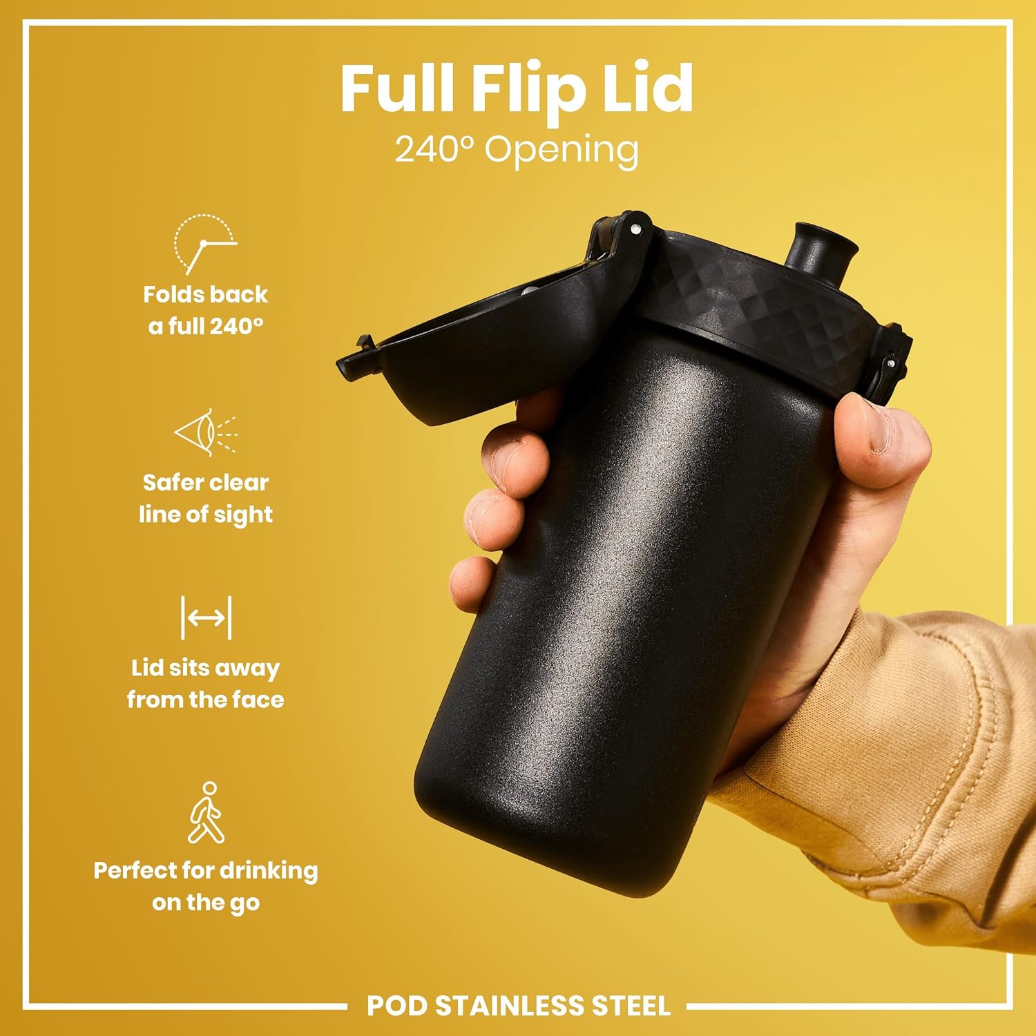 Detalle de ION8 Lightweight Steel Kids Water Bottle (400ml/13oz) – Leak Proof, Dishwasher Safe, Black