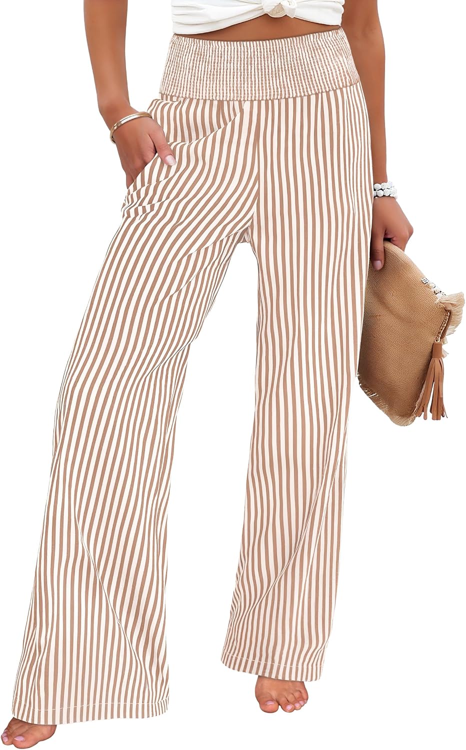 Detalle de ANRABESS Striped Gingham Palazzo Pants — Wide-Leg, Smocked High-Waisted Pajama/Lounge Pants with Pockets