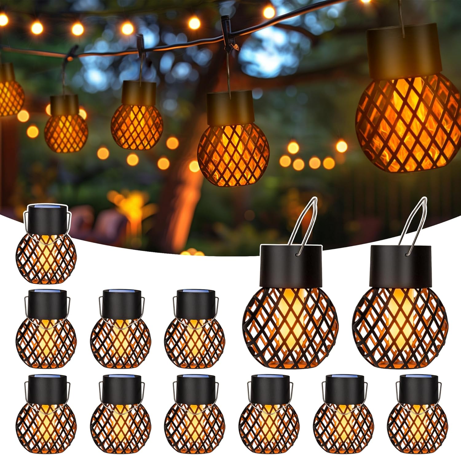 GIGALUMI Solar Flame Flickering Hanging Lights (12-pack) for Outdoor Garden