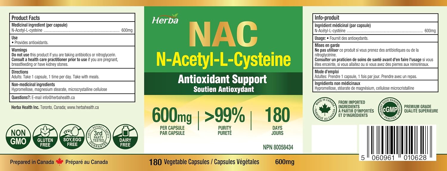 Detalle 2 de Herba NAC Supplements 600 mg Capsules, 180 Count, Made in Canada