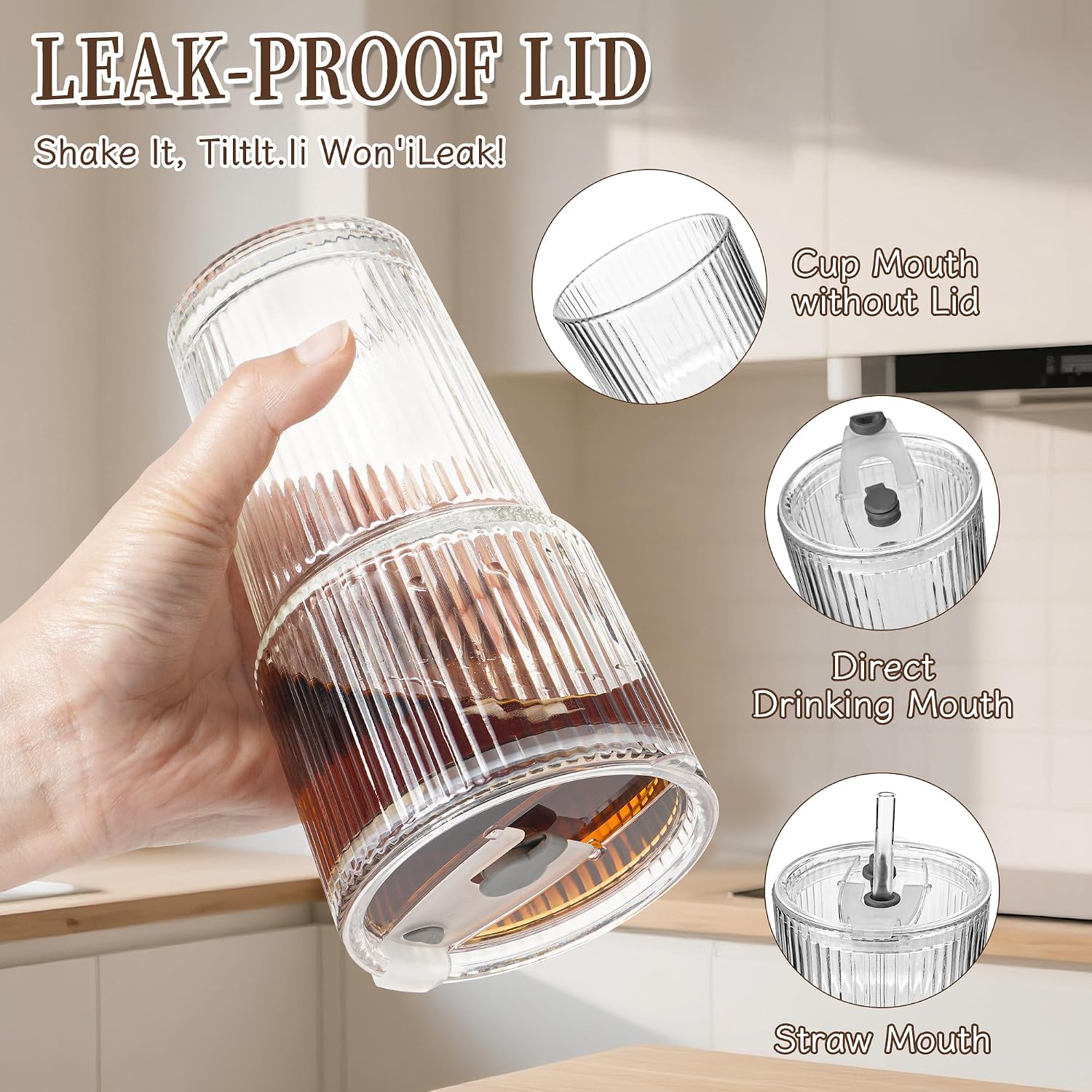 Detalle 2 de KUOGAS räfflade kaffeglas, 2-pack à 600 ml med lock och sugrör