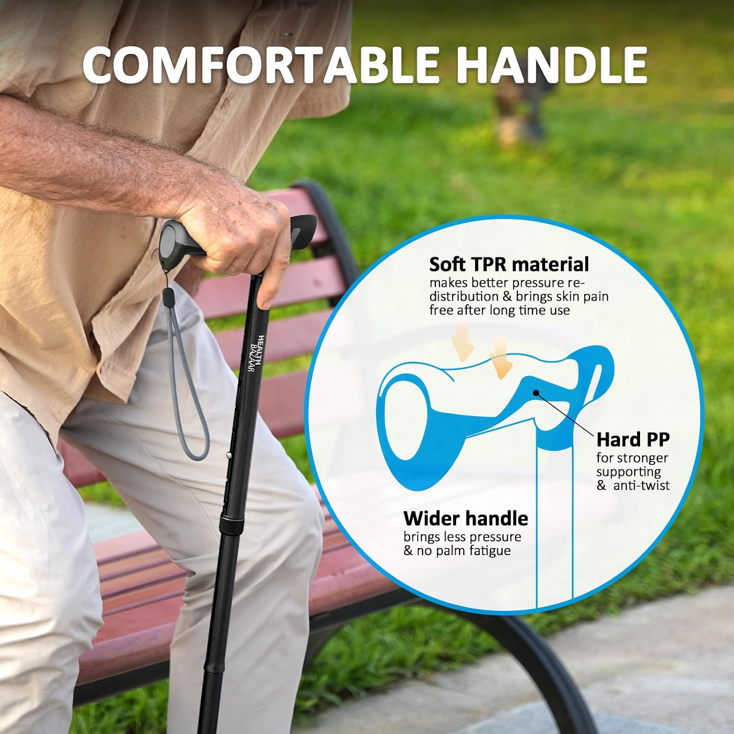 Thumbnail 3 de HEALTHBAZAAR RH1615 TRIGRIP Folding Cane, 8 Height Settings, Pivot Base, Natural Black