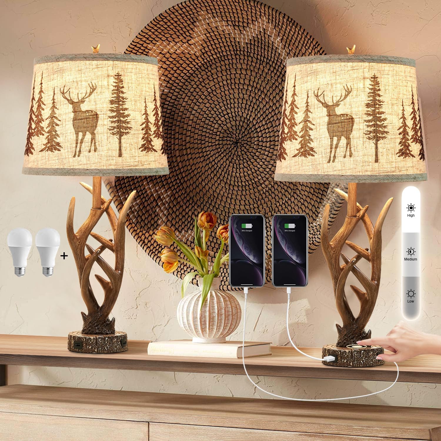 Detalle de Dungoo DG-Deer3-GRY 26" Rustic Antler Table Lamp Set with Touch Dimming and USB