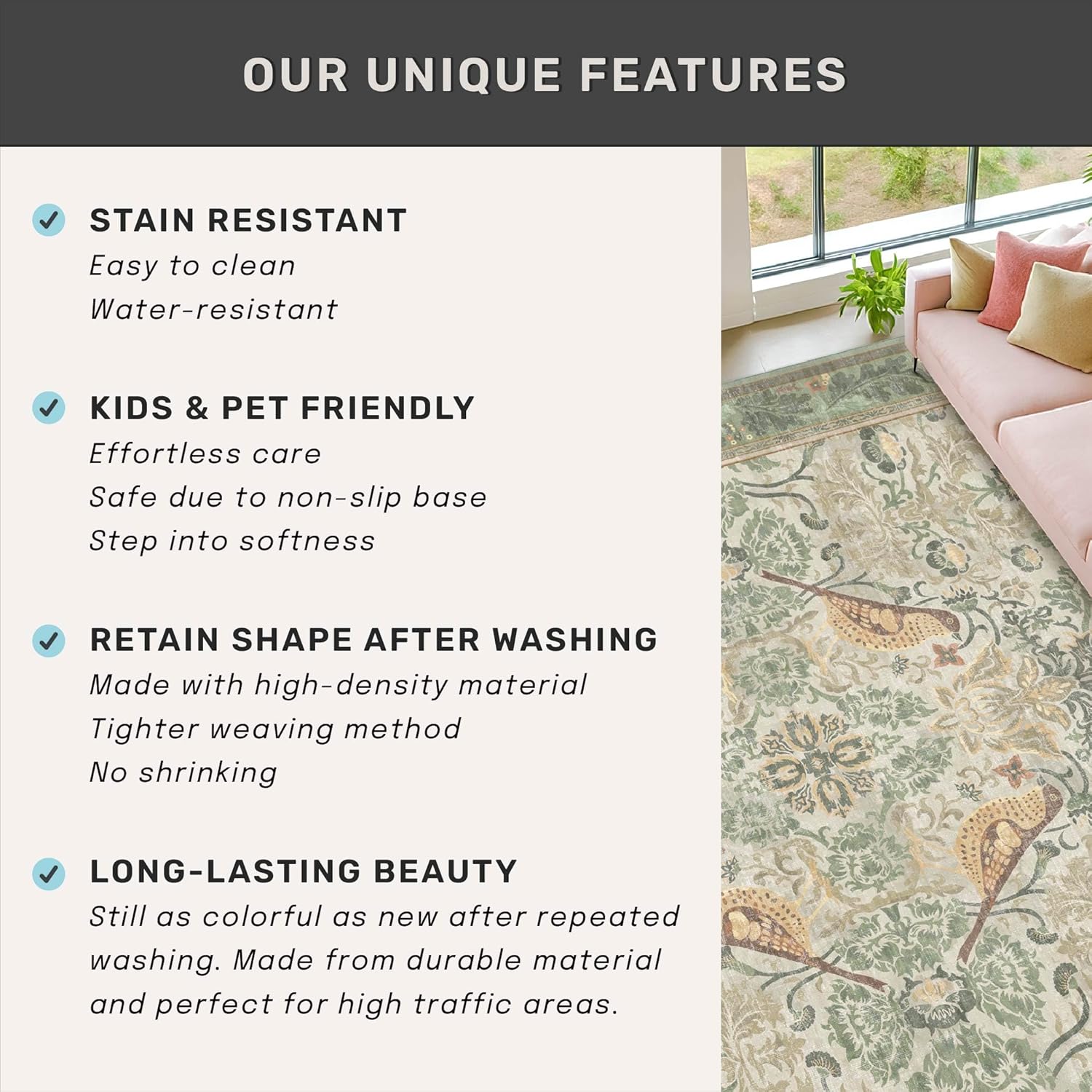 Thumbnail 6 de Floral Washable Large Rugs 10x14 in Sage Green (Soft Non-Skid Low Pile, Machine Washable Indoor Area Rug)