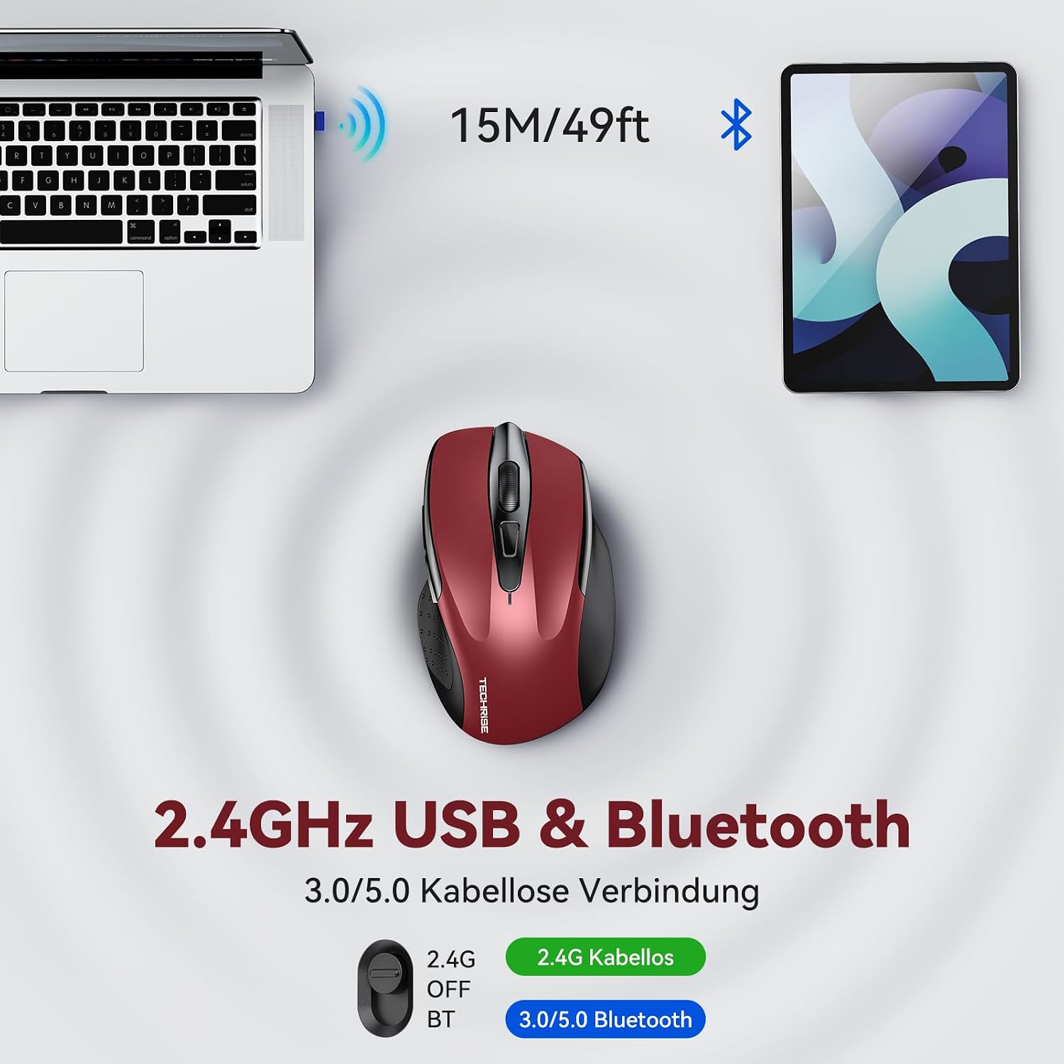Detalle 2 de TechRise Bluetooth Maus & 2,4G Funkmaus mit USB-A Empfänger (BT 5.0/3.0), 4800 DPI, wiederaufladbar, leise – 6 DPI-Stufen, rot