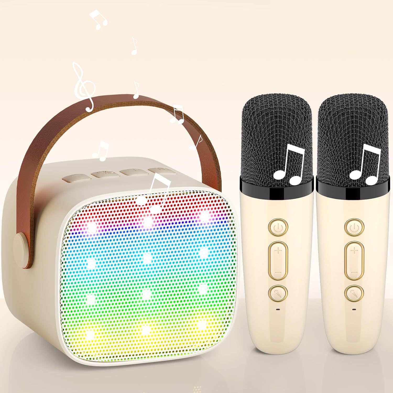 Detalle de Wowstar tragbare Karaoke-Maschine mit 2 kabellosen Mikrofonen (Bluetooth, beige) – für Kinder & Erwachsene