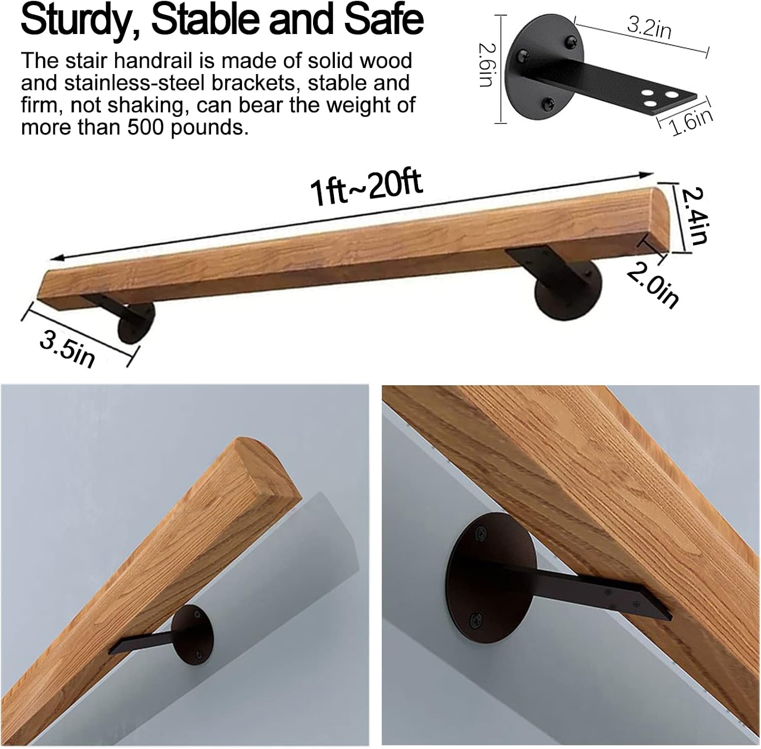 Detalle de JuneFanwei 2FT Wooden Stair Handrail, Pine Rail with Stainless Steel Brackets