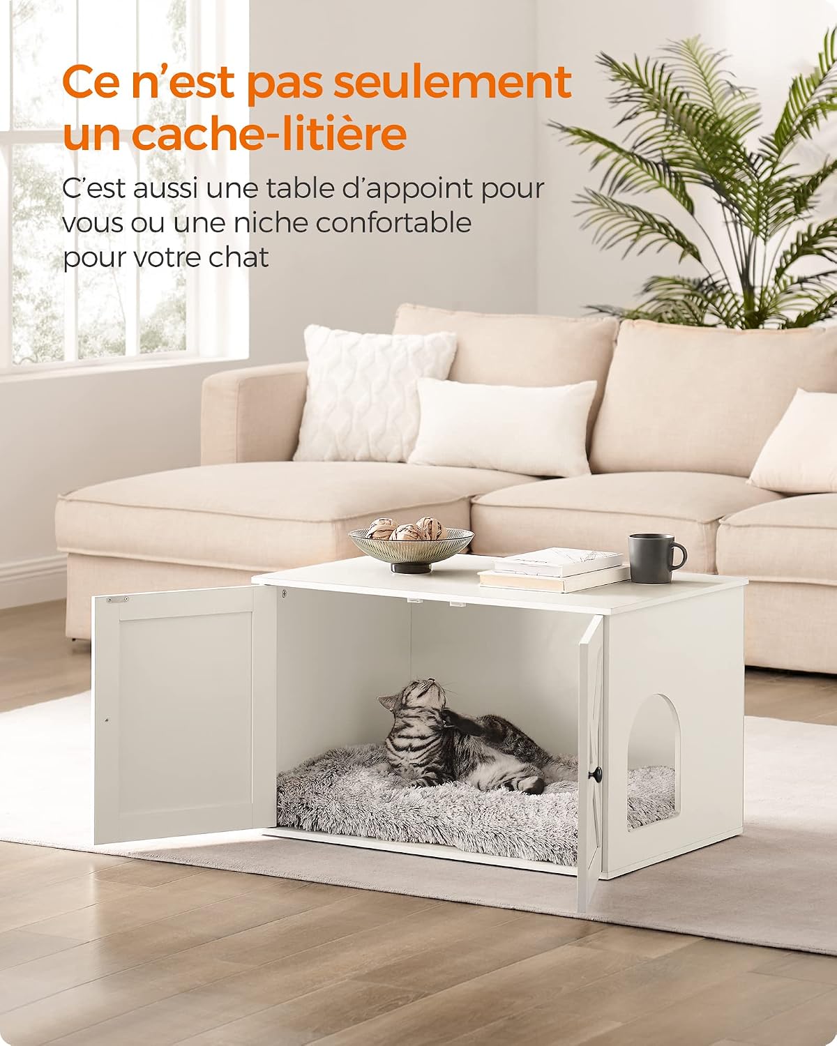Detalle de Feandrea Maison de Toilettes pour Chat — Cache-litière et niche blanche, 80 x 53 x 50 cm