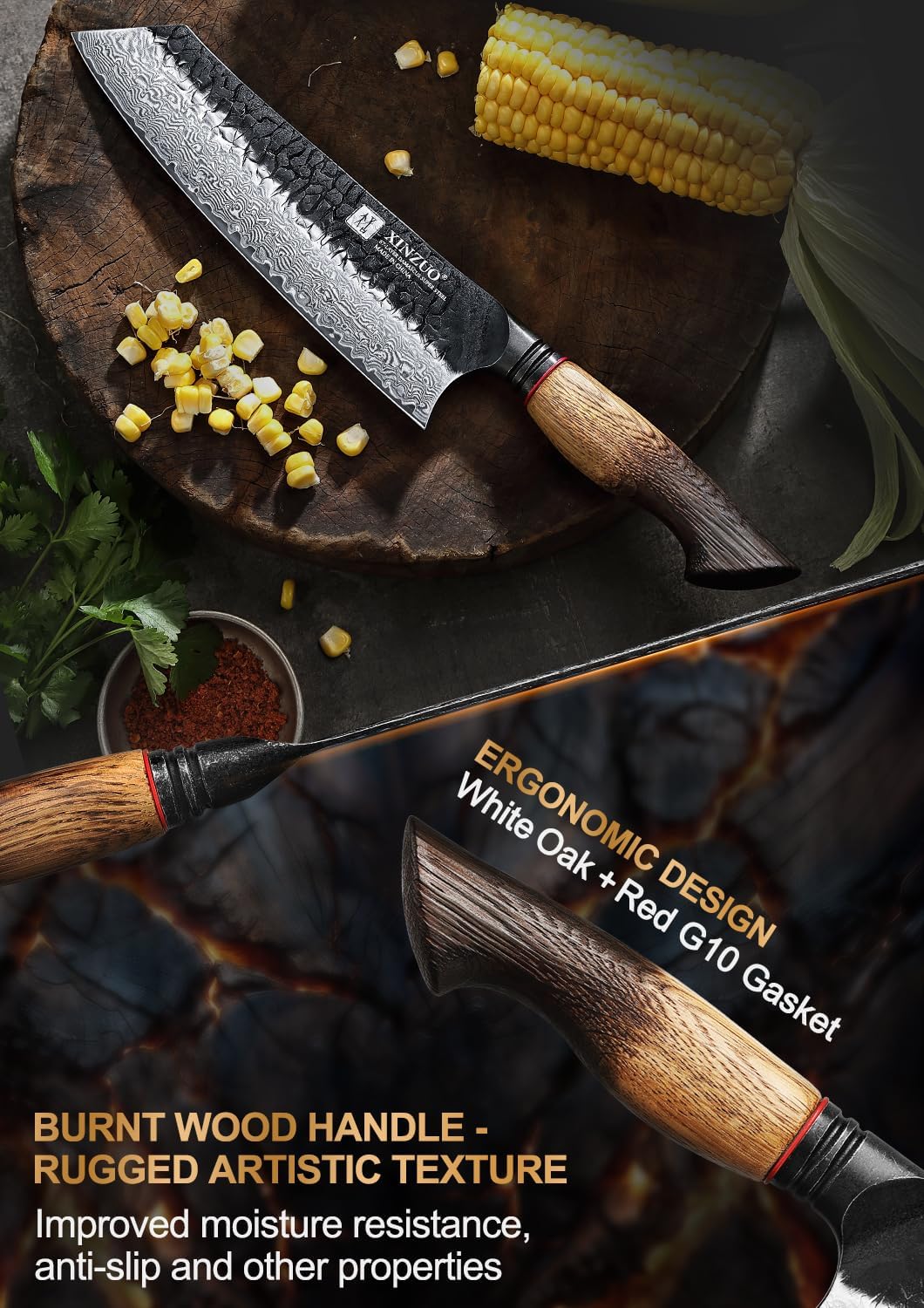 Thumbnail 3 de Couteau de chef Kiritsuke XINZUO 21,1 cm en acier damas 67 couches avec manche en chêne blanc