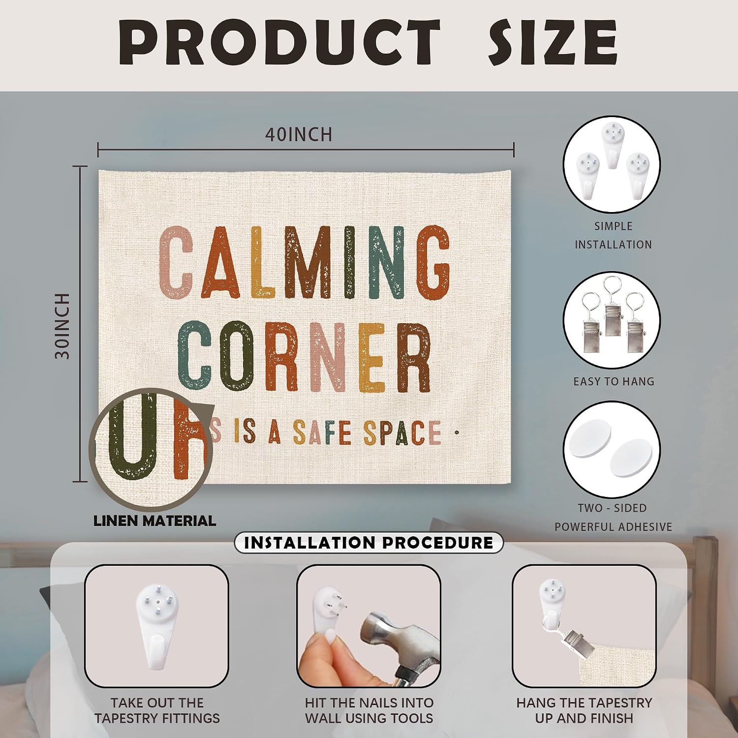Thumbnail 6 de Tzhim 30x40-Inch Calming Corner Linen Wall Tapestry for Classrooms