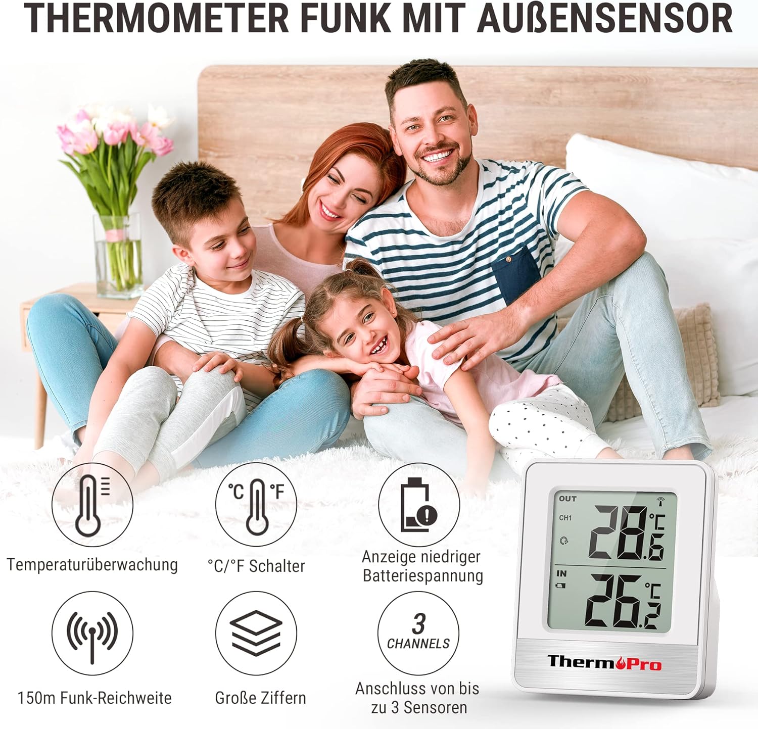 Thumbnail 1 de ThermoPro TP200 Funk-Thermometer für 2 Räume mit Außensensor (TP200)