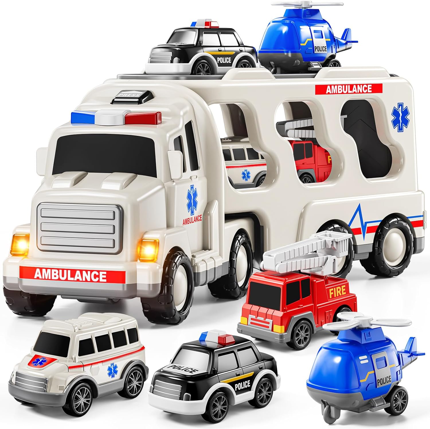 JUKUDAHU 5-in-1 Play Ambulance Vehicle Set (Friction-Powered Police, Fire, Ambulance + Helicopter)
