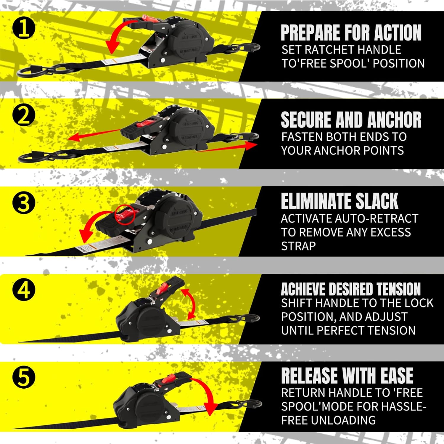 Detalle de Fortexus Retractable Ratchet Straps 1'' x 12 ft – 4 Pack (1760 lb) for ATV, Trailer, and More