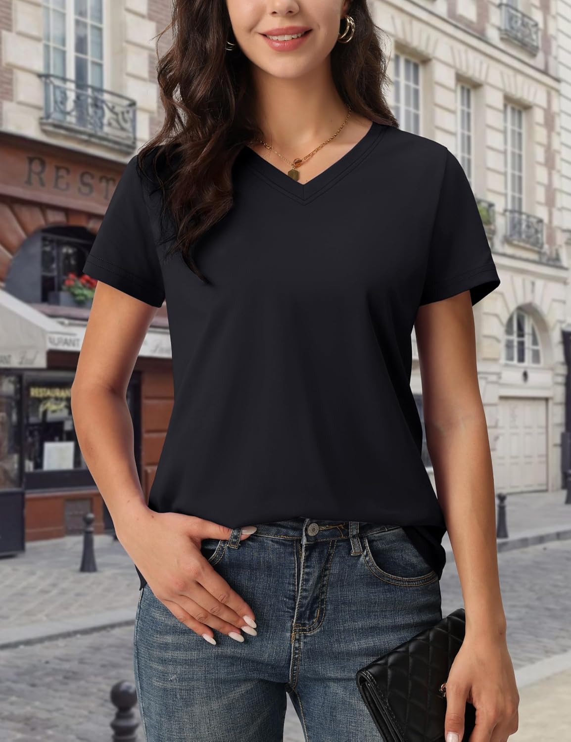 Detalle 2 de MAGCOMSEN Women's Cotton V-Neck T-Shirt, Short Sleeve, Classic Fit