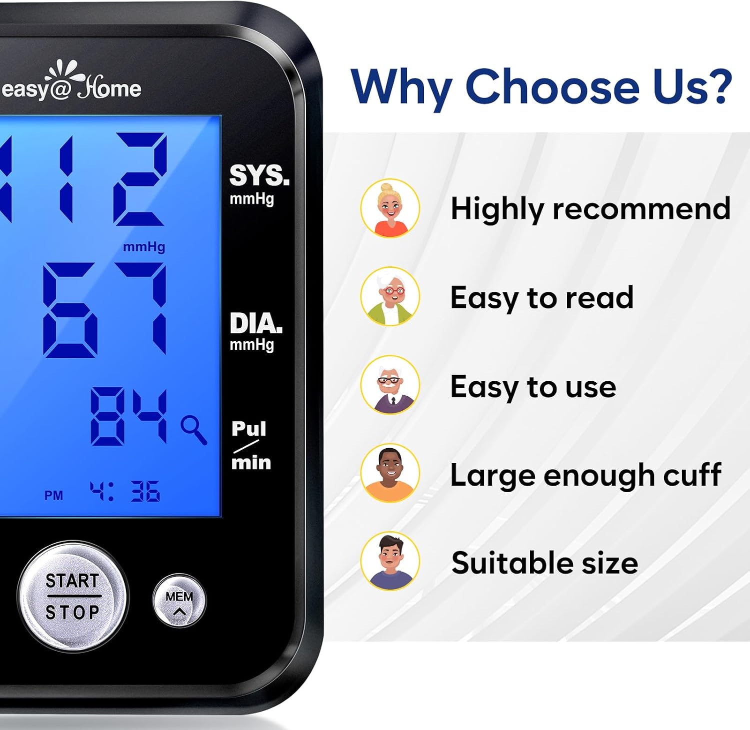 Detalle de Easy@Home EBP-095 Blood Pressure Monitor, 3-Colour Display, 2 Users
