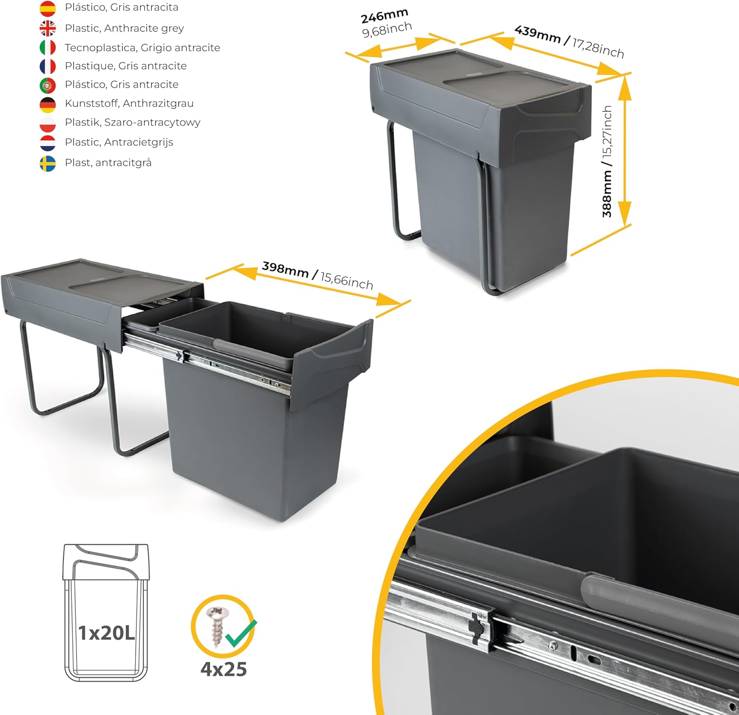 Thumbnail 6 de Emuca Poubelle avec Fixation inférieure pour la Cuisine – 20 L, Acier et Plastique, Gris Anthracite