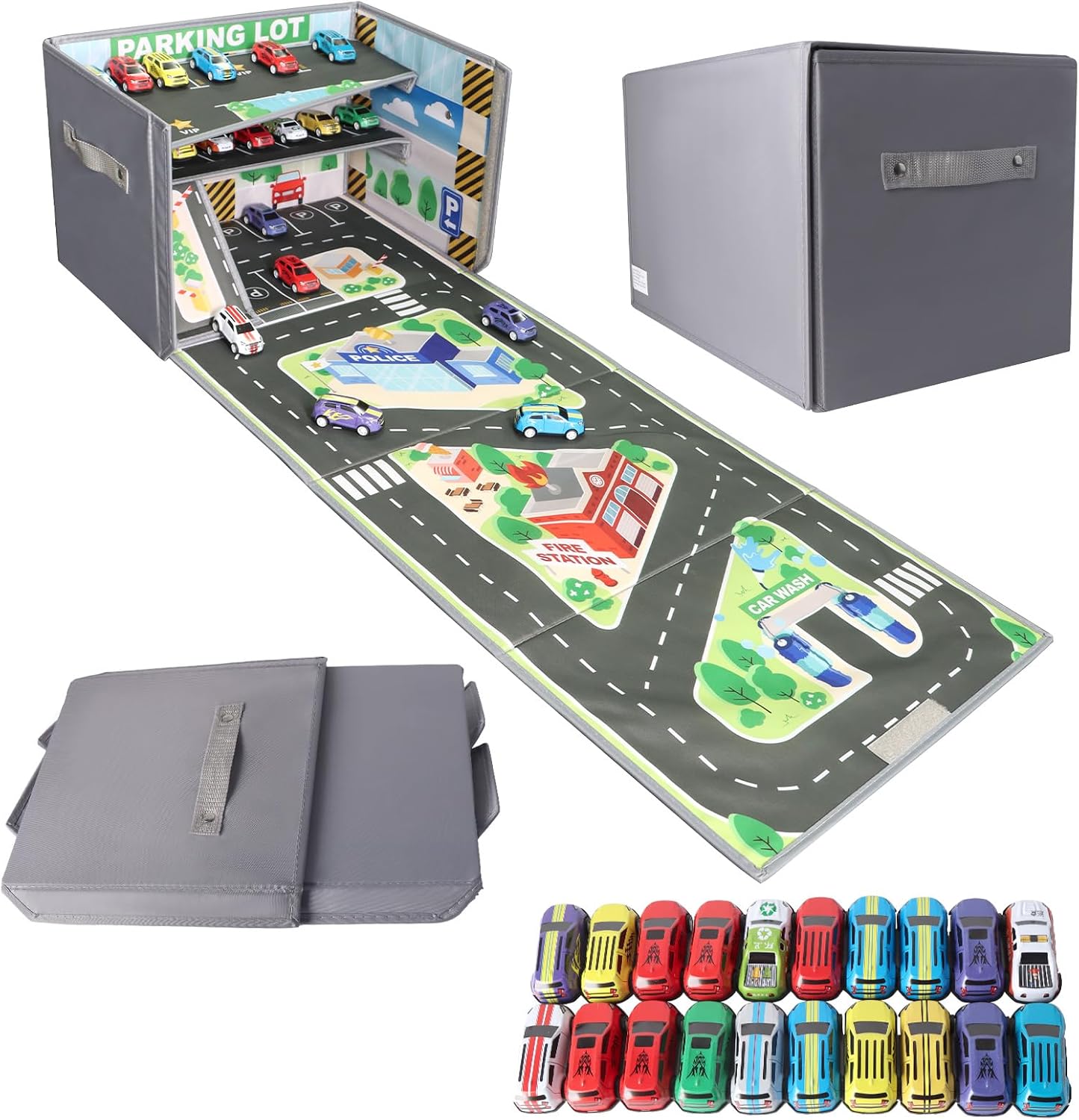 Detalle de LPQKCcY Toy Car Storage 3-in-1 play mat for 20 cars