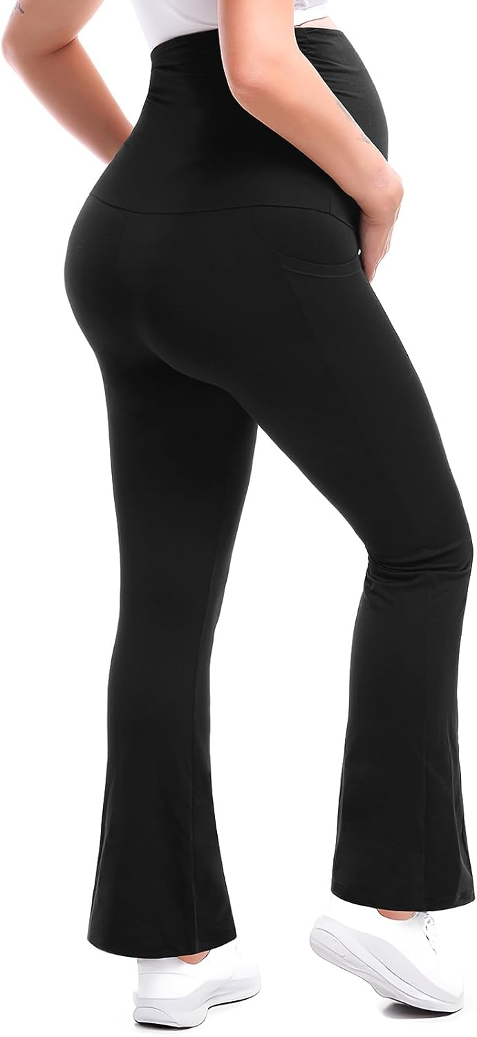 Detalle de Leafigure Maternity Flare Leggings with Pockets (Over-the-Belly) for Yoga & Workouts