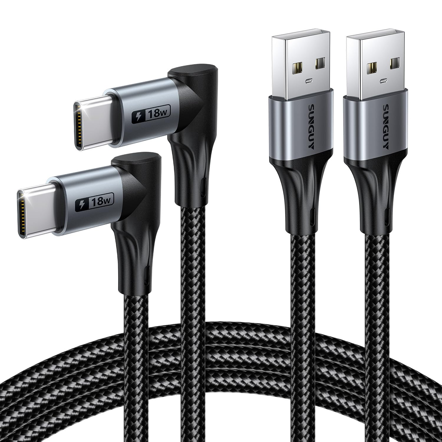 Detalle de SUNGUY USB-C Ladekabel 90-Grad Winkel (USB-A auf USB-C), USB 2.0, 18 W, Nylon – 2er Set mit 2 m