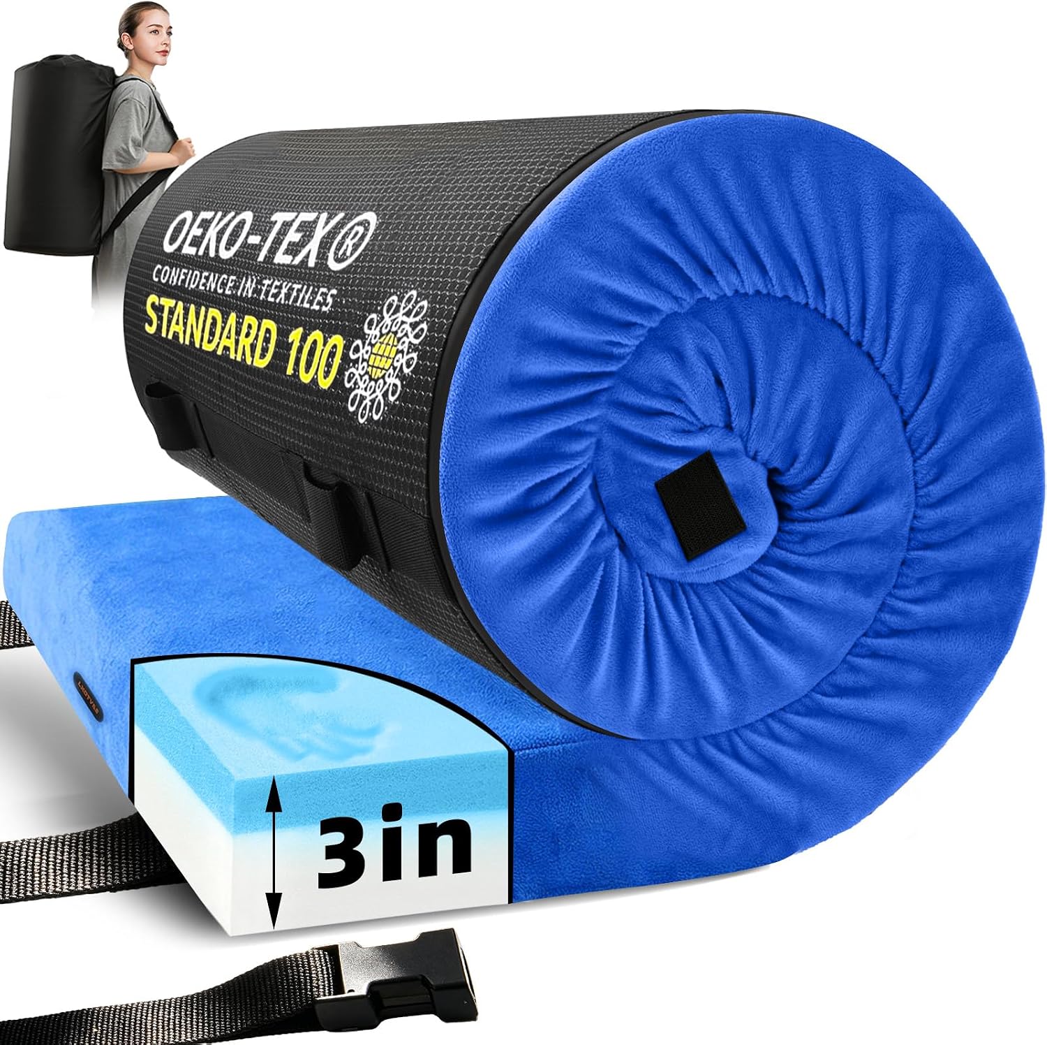 Detalle de Memory Foam Camping Mattress Pad for Adults — Waterproof, Non-Slip Roll-Up Floor Sleeping Mat