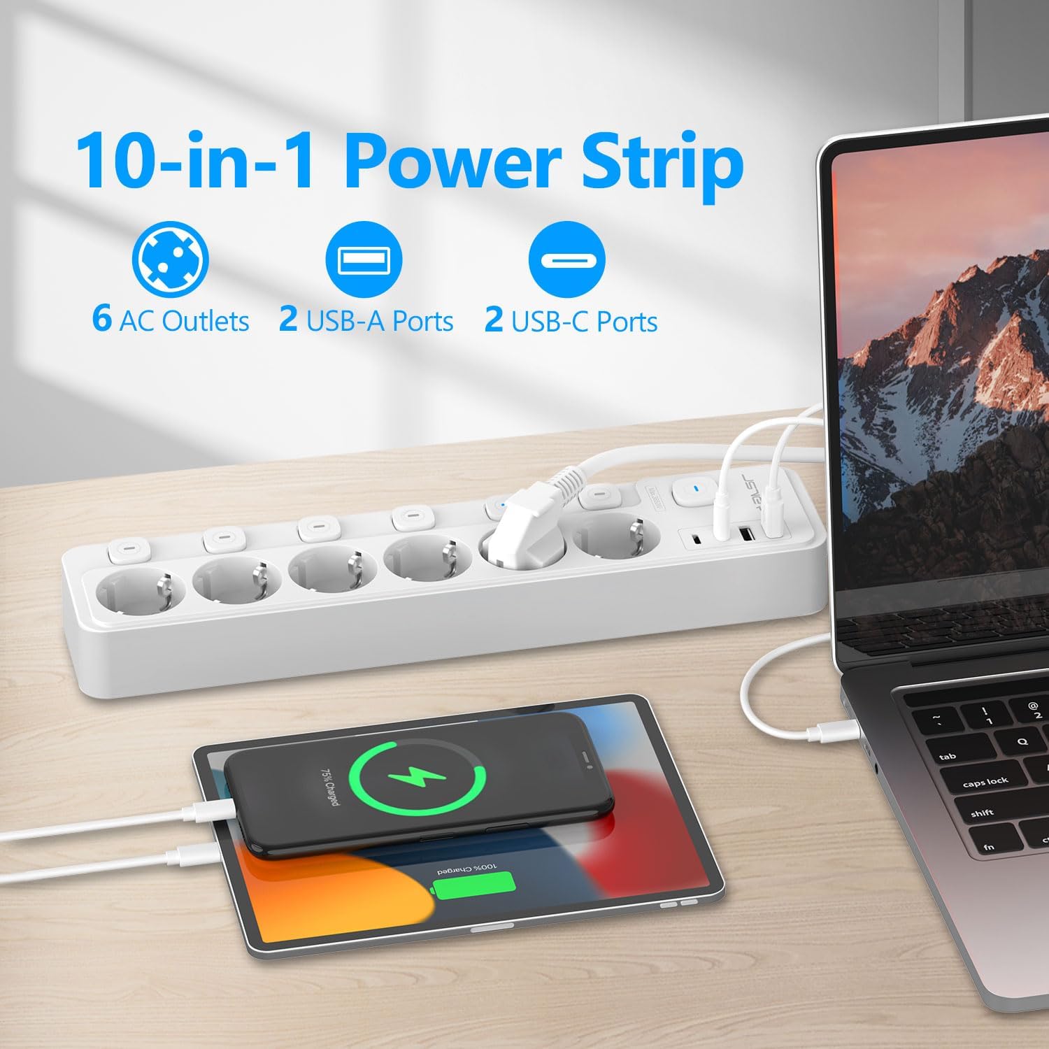 Thumbnail 1 de JSVER Bloc multiprise USB avec 6 prises et 4 ports USB (2 USB-A + 2 USB-C) et interrupteurs individuels, 2 m, blanc