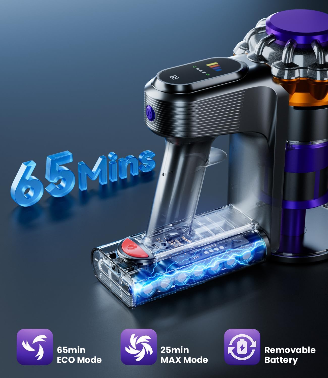 Detalle de KQAHA V08 Cordless Stick Vacuum, 600W, 50,000Pa Suction, 1.5L Dust Cup