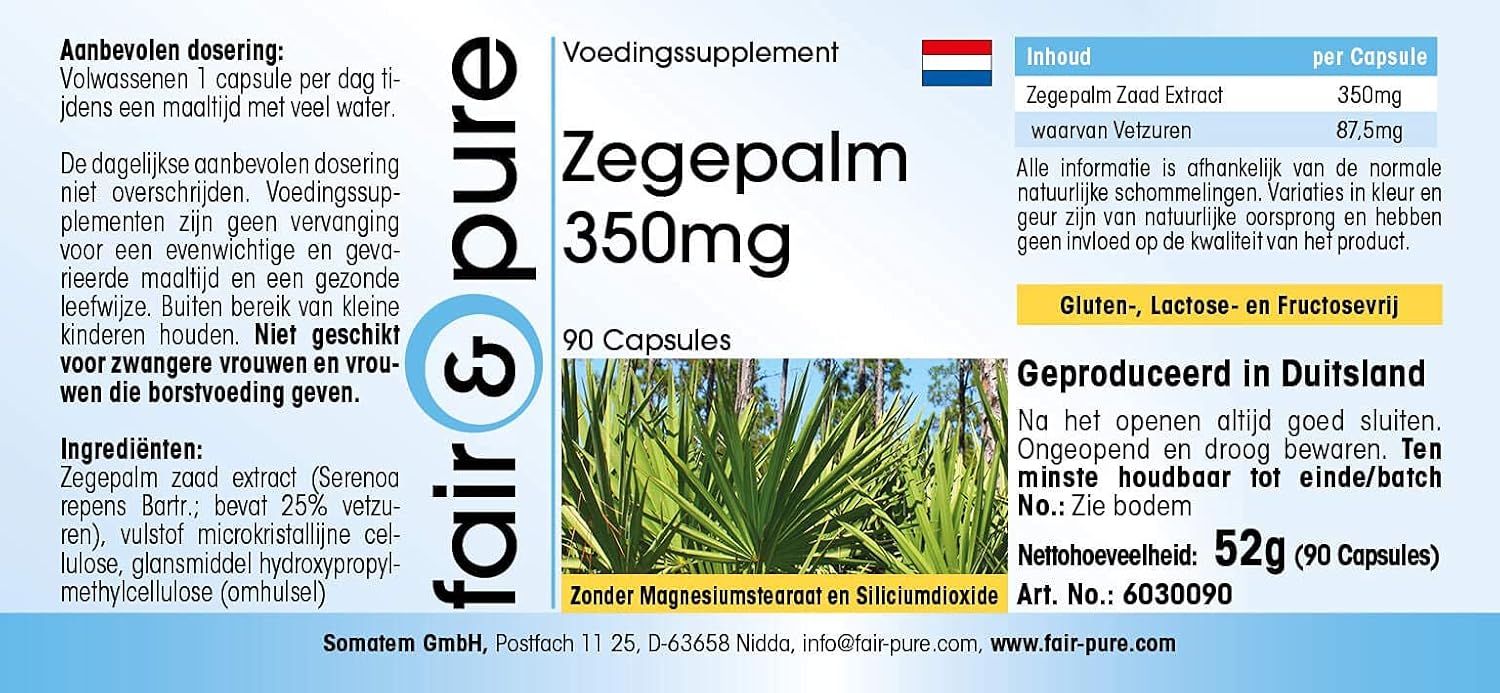 Detalle 2 de Fair & Pure Sägepalme 350mg – 90 Kapseln, schluckfreundlich, vegan, in Deutschland hergestellt