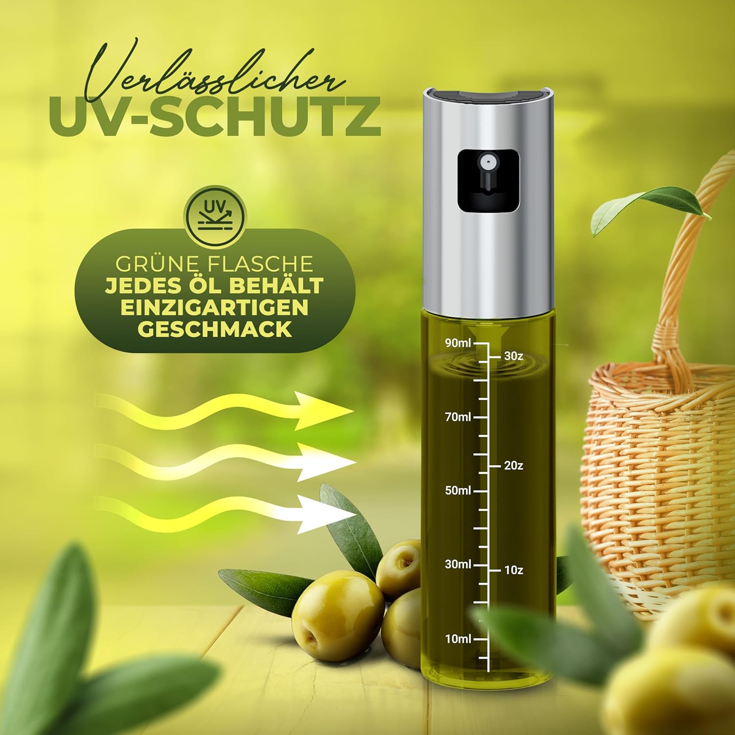 Detalle de Leisure Life Ölzerstäuber im 2er Set (UV-Schutzglas, BPA-frei, Edelstahlmantel) für bis zu 100 ml Öl – Jade Green & Obsidian Black