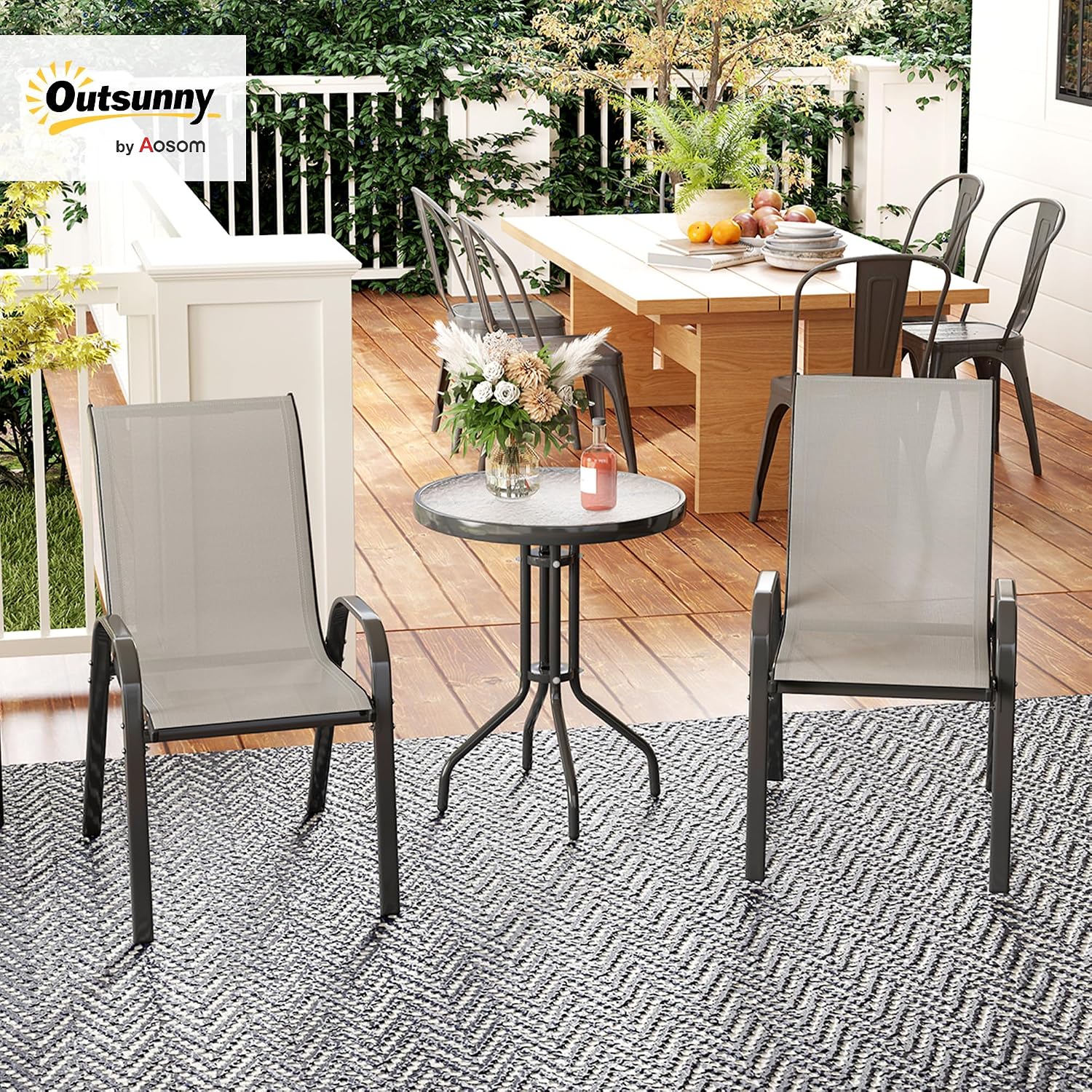 Thumbnail 1 de Ensemble Outsunny 3 pièces pour salon extérieur : 2 fauteuils empilables + table basse en verre trempé (gris clair)