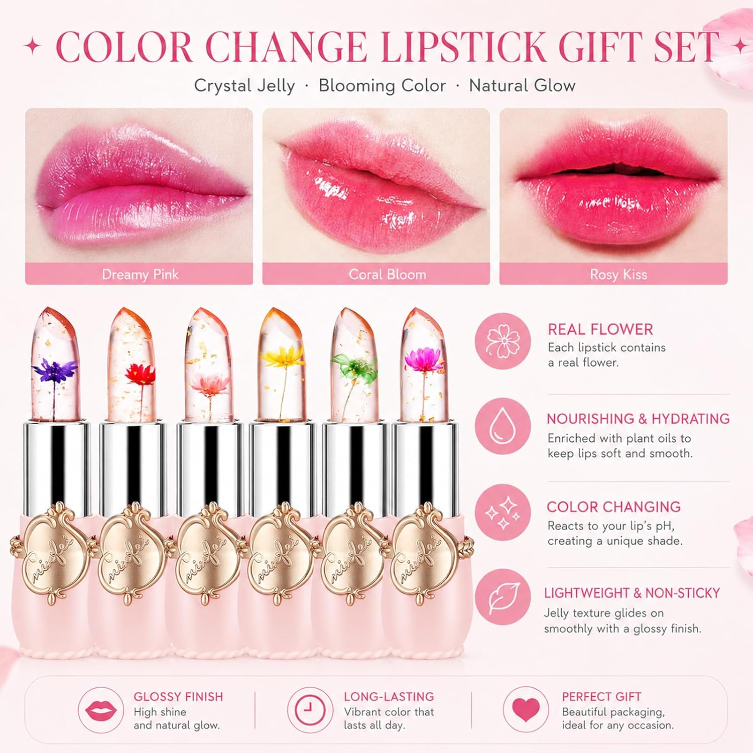 Detalle de firstfly Pack of 6 Crystal Flower Jelly Lipstick (Pink) — pH-Adjustive Temperature Color-Change Balm & Gloss