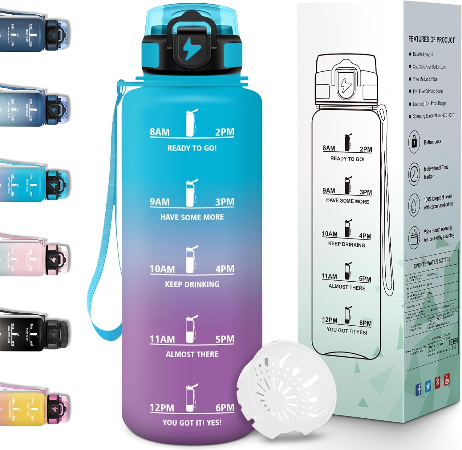Detalle de Motswedi Gourde sport 1,5 l anti-fuite avec marqueur de temps (motivation) Bleu & Violet