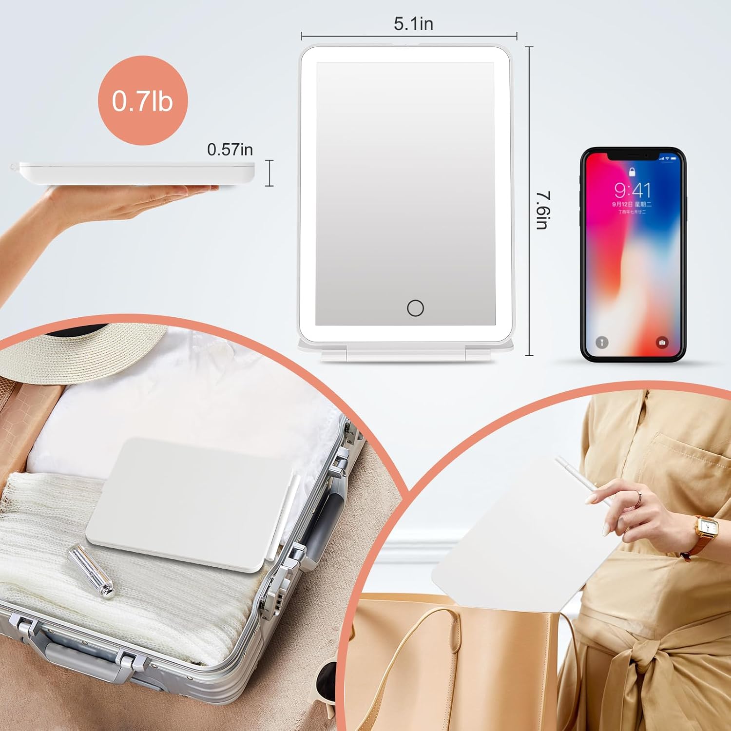 Detalle 2 de FUNTOUCH Kosmetikspiegel mit Beleuchtung (2000 mAh) – faltbarer Reise-Make-up-Spiegel mit 3 Farblichtern