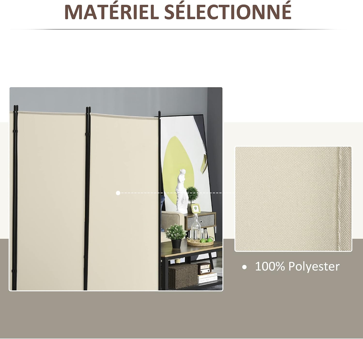 Detalle 2 de HOMCOM Paravent 3 Panneaux 2,53 m × 1,82 m – Brise-Vue autoportant en métal et polyester Haute Densité Beige