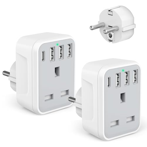 Detalle de Omivine 2 Pack European to UK Plug Adaptor with 4 USB Ports (1 USB-C) – Grounded EU Travel Adapter, Type E/F