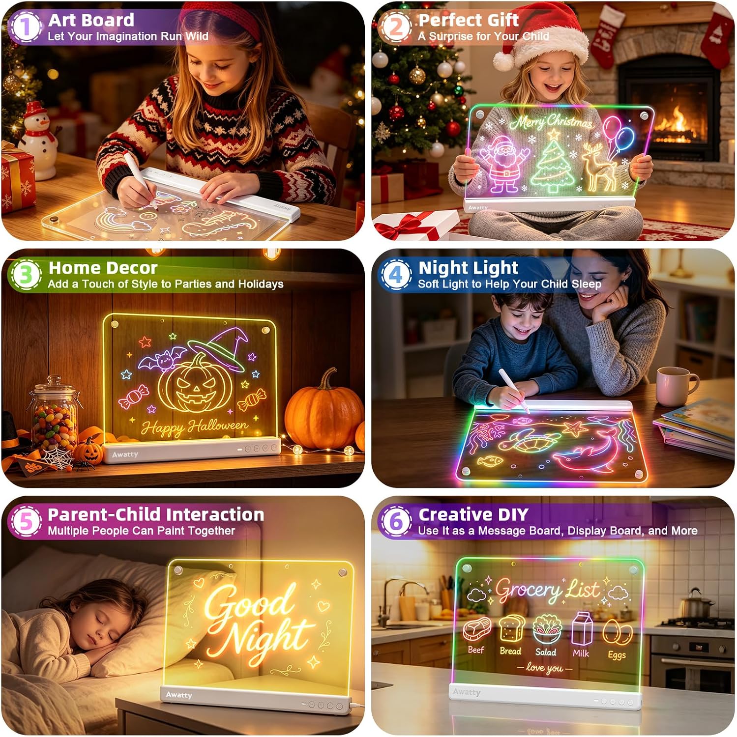Thumbnail 4 de Awatty 16-Inch LED Drawing Board, Rechargeable Acrylic Panel with RGB Lighting