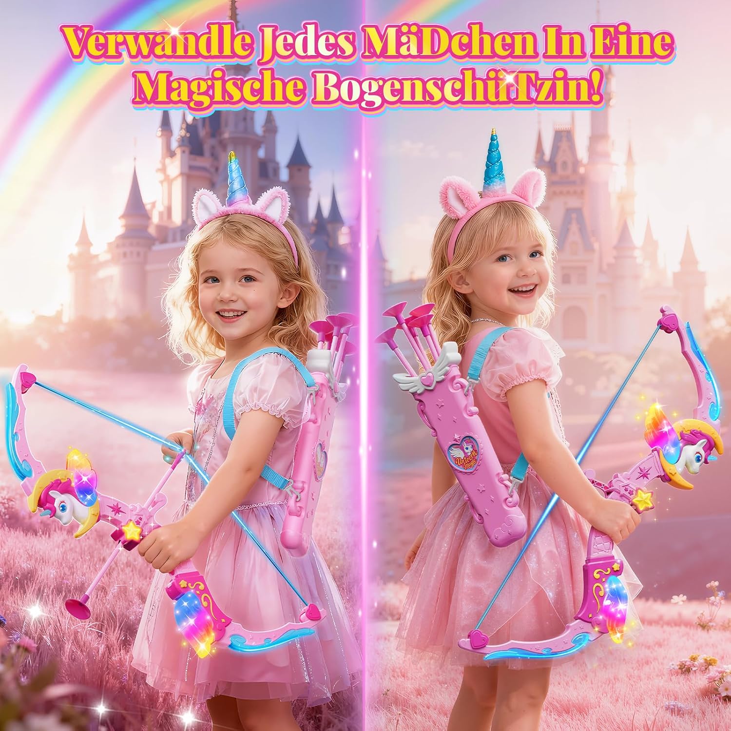 Detalle de Einhorn-Bogen-Set für Mädchen 3–12 Jahre mit 6 magischen Lichtern, Köcher und Prinzessinnen-Zielscheibe