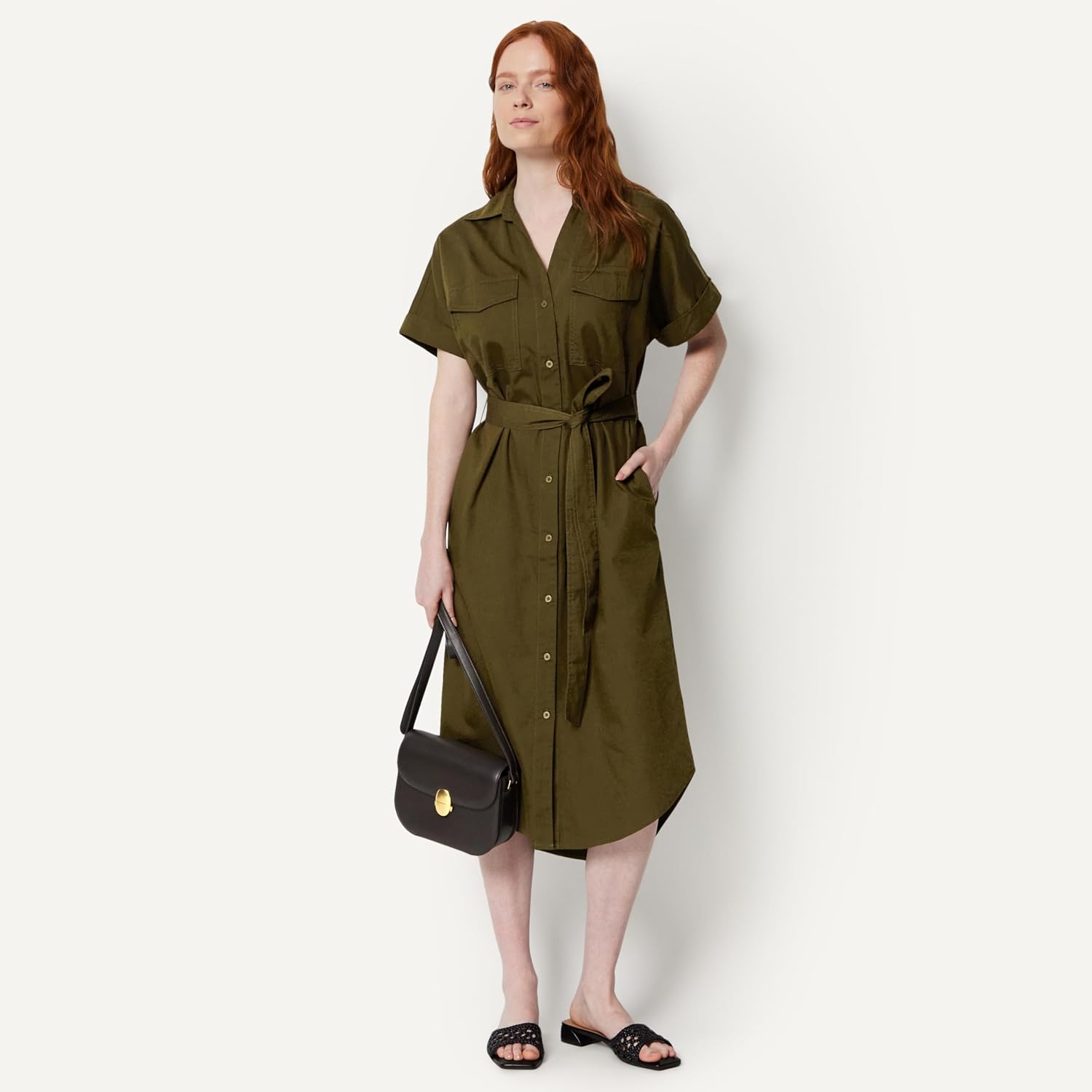Detalle de Amazon Essentials Damen Hemdkleid aus Denim mit Gürtel und Knopfleiste