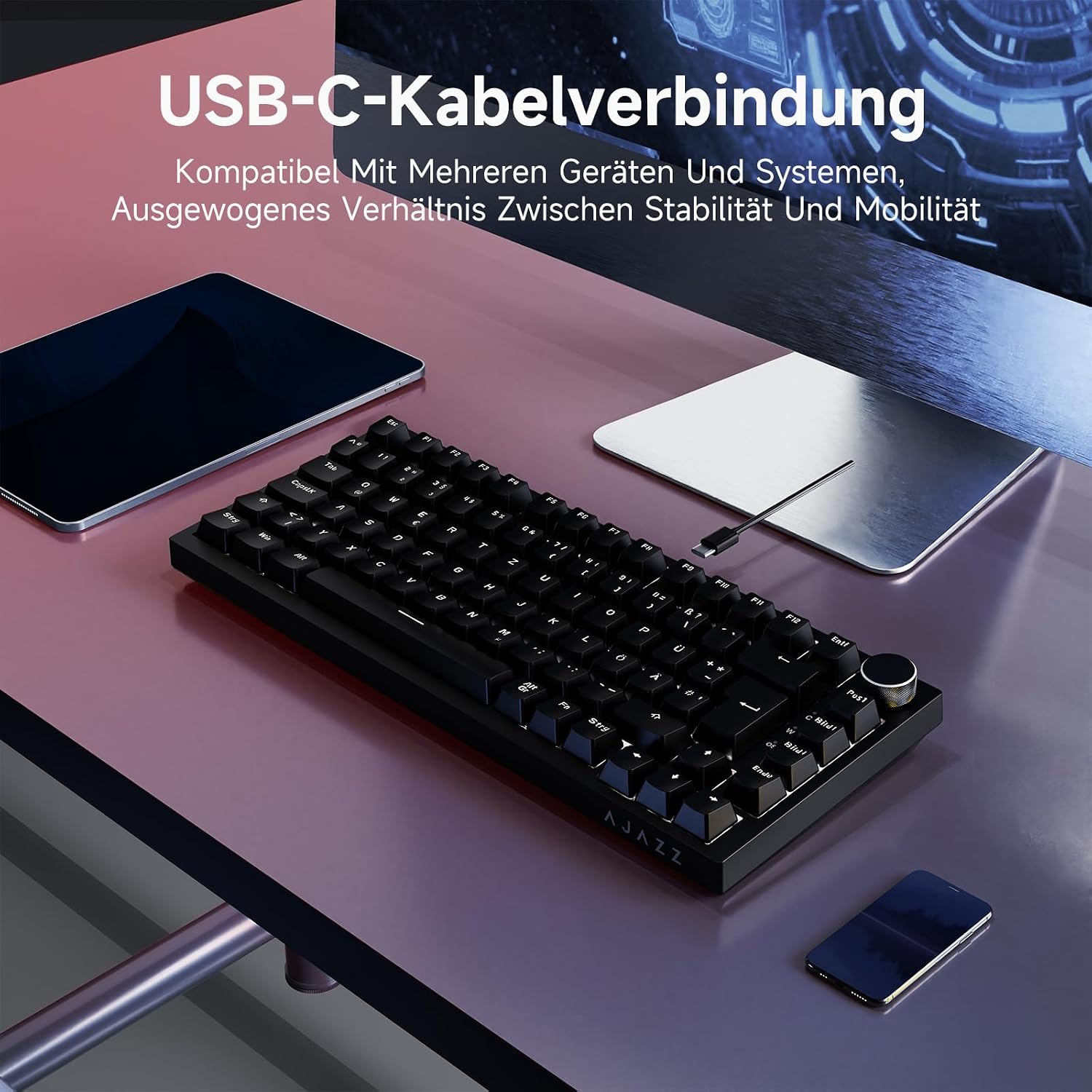 Detalle 2 de AJAZZ AK820 75% mechanische Tastatur mit Hot-Swap, German QWERTZ, PBT-Tastenkappen, Lautstärkeregler und Klangdämpfung