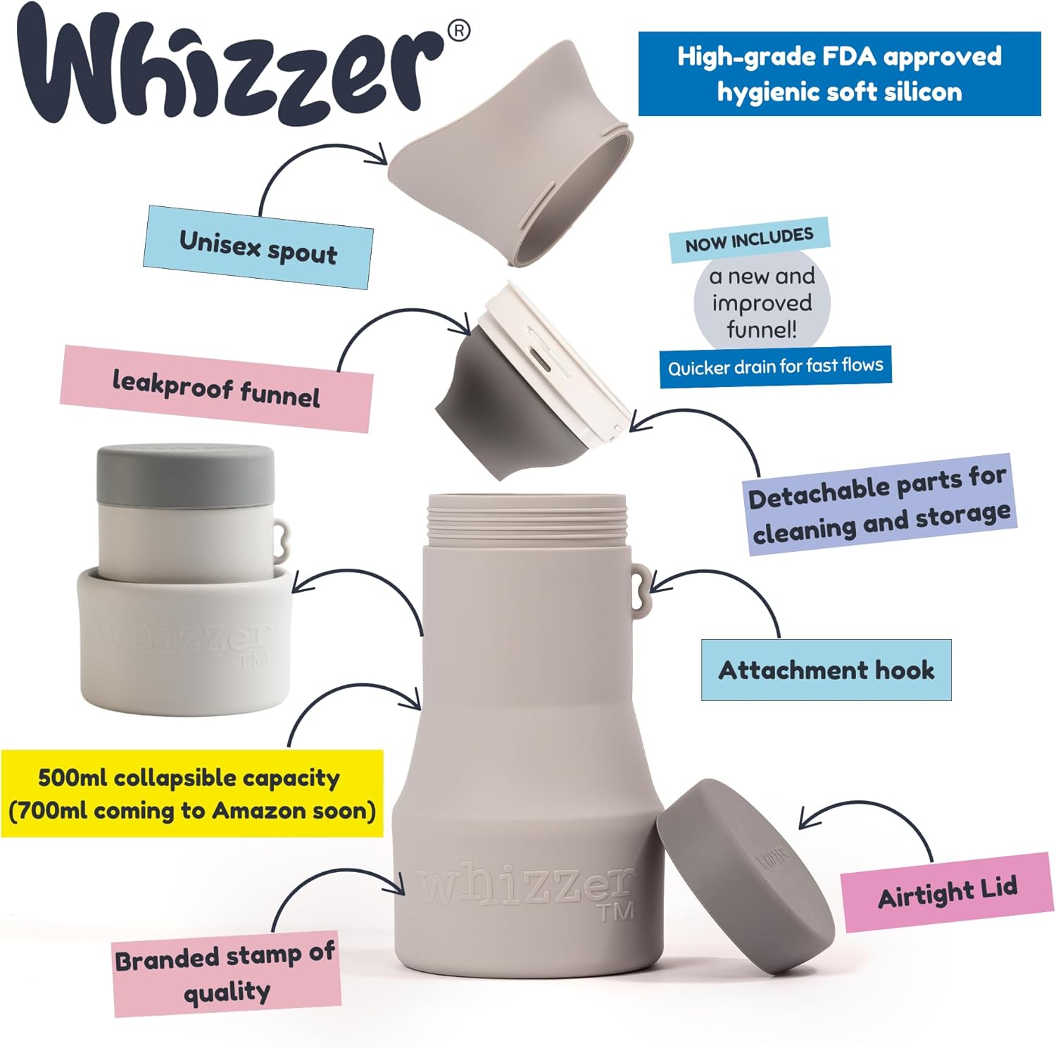 Thumbnail 2 de Whizzer™ - Discreet Portable Toilet for Adults: 500ml Silicone Urinal for Travel, Festivals, Camping and More