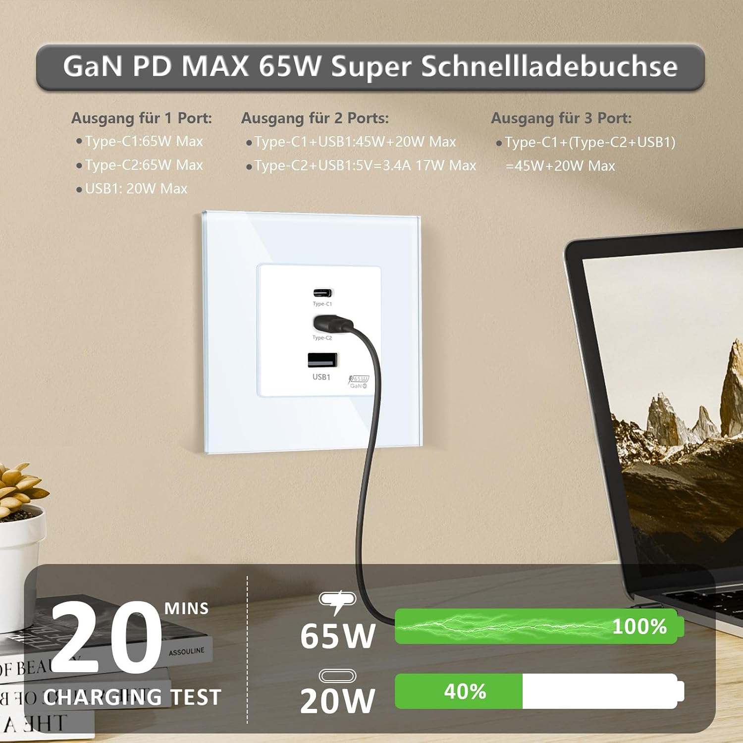 Detalle 2 de TAWOIA Schuko Steckdose 65W 🔌