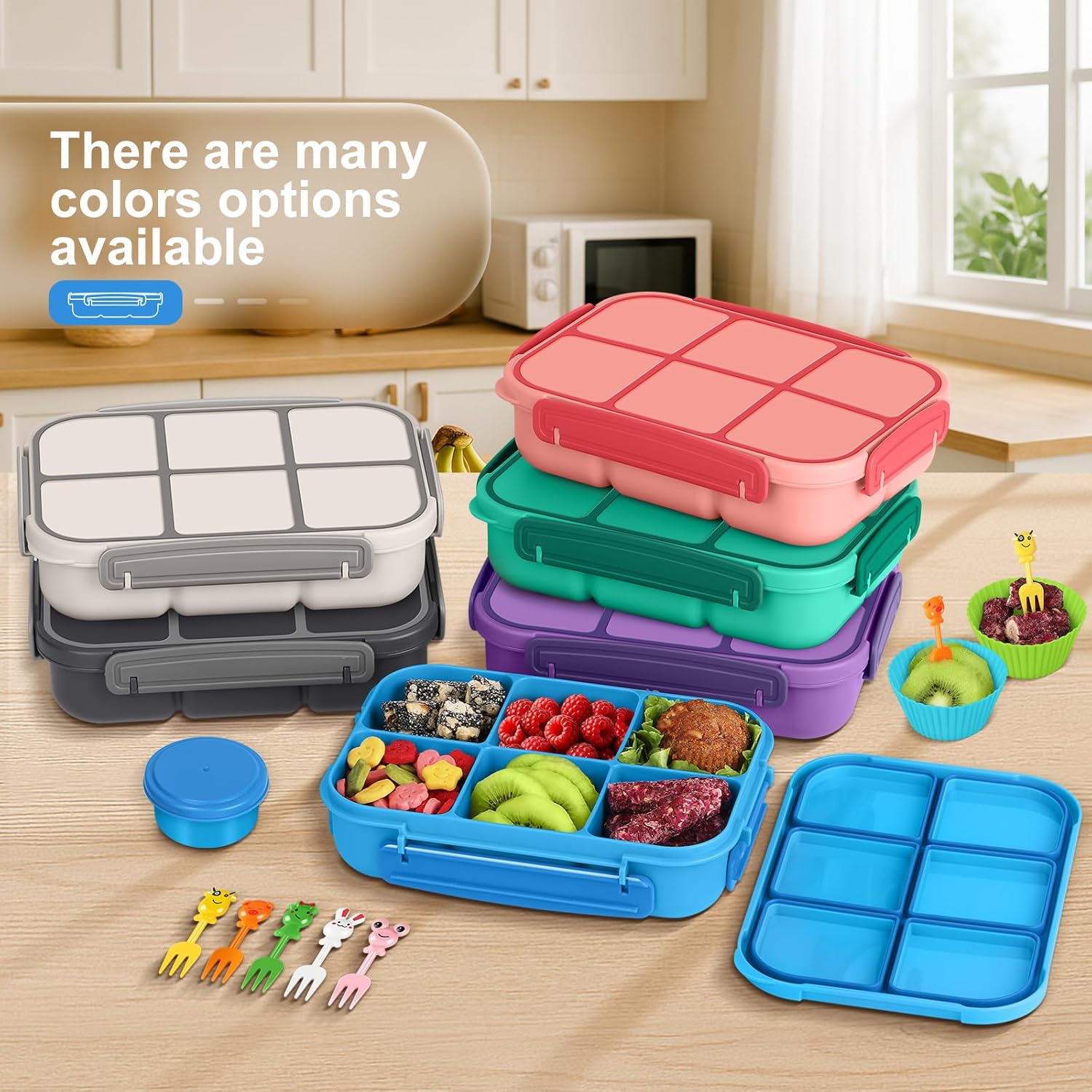 Thumbnail 6 de Amathley Kids & Adults Bento Lunch Box with 6 Compartments, Leakproof Design, Sauce Cup, Picks and Muffin Cups (Blue)