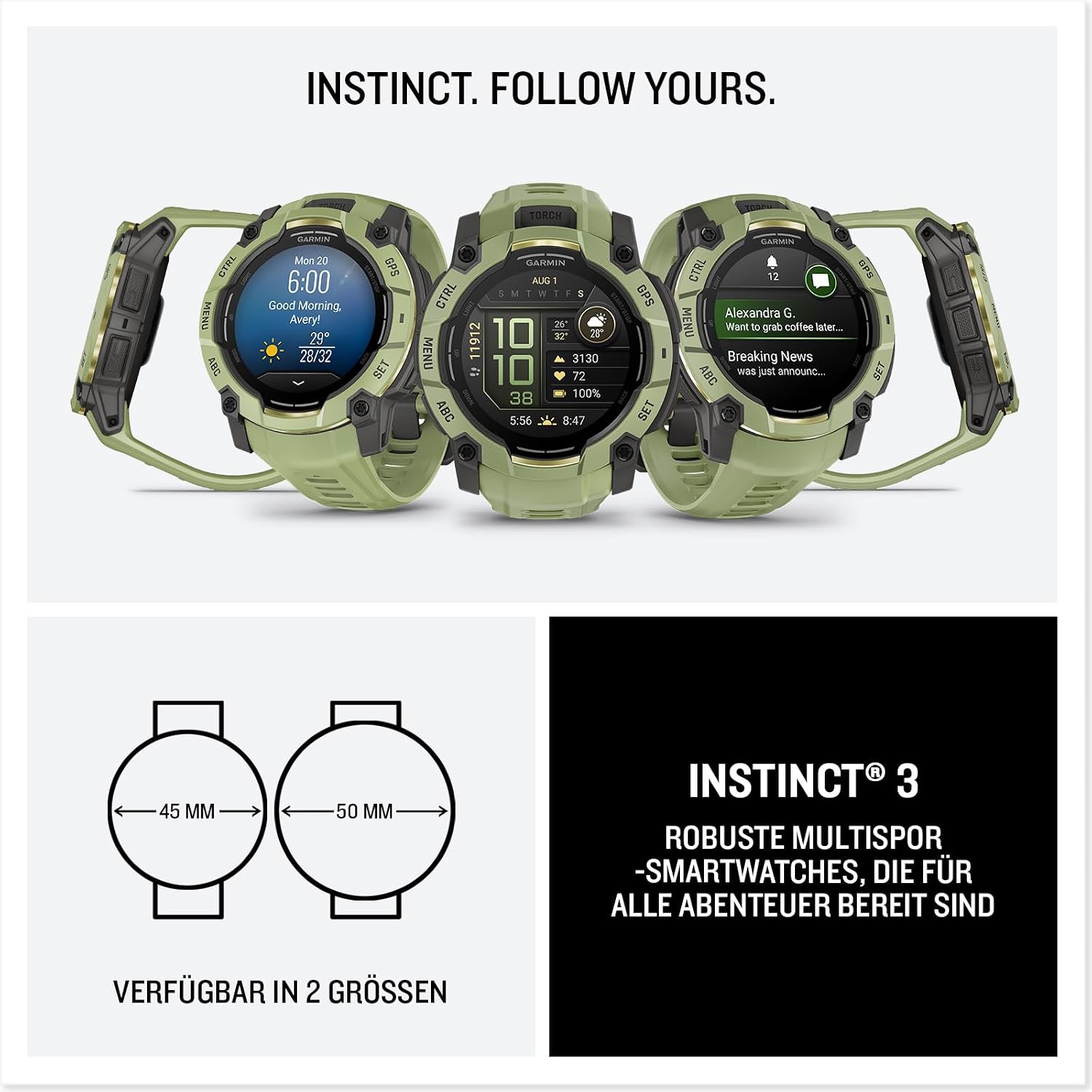 Thumbnail 6 de Garmin Instinct 3 50mm AMOLED – GPS-Multisport-Smartwatch mit Navigation, bis zu 24 Tagen Akku und LED-Taschenlampe